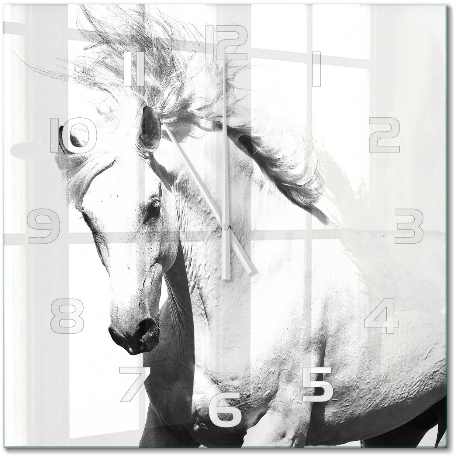 TULUP Wandklok - Wit Paard Moderne Wandklok Glas - 60x60 cm - Wit Wandklok Glas Decoratie - Witte handen - Vierkante Klok - Glazen Wandklok Design - Klok Glas Met Opdruk
