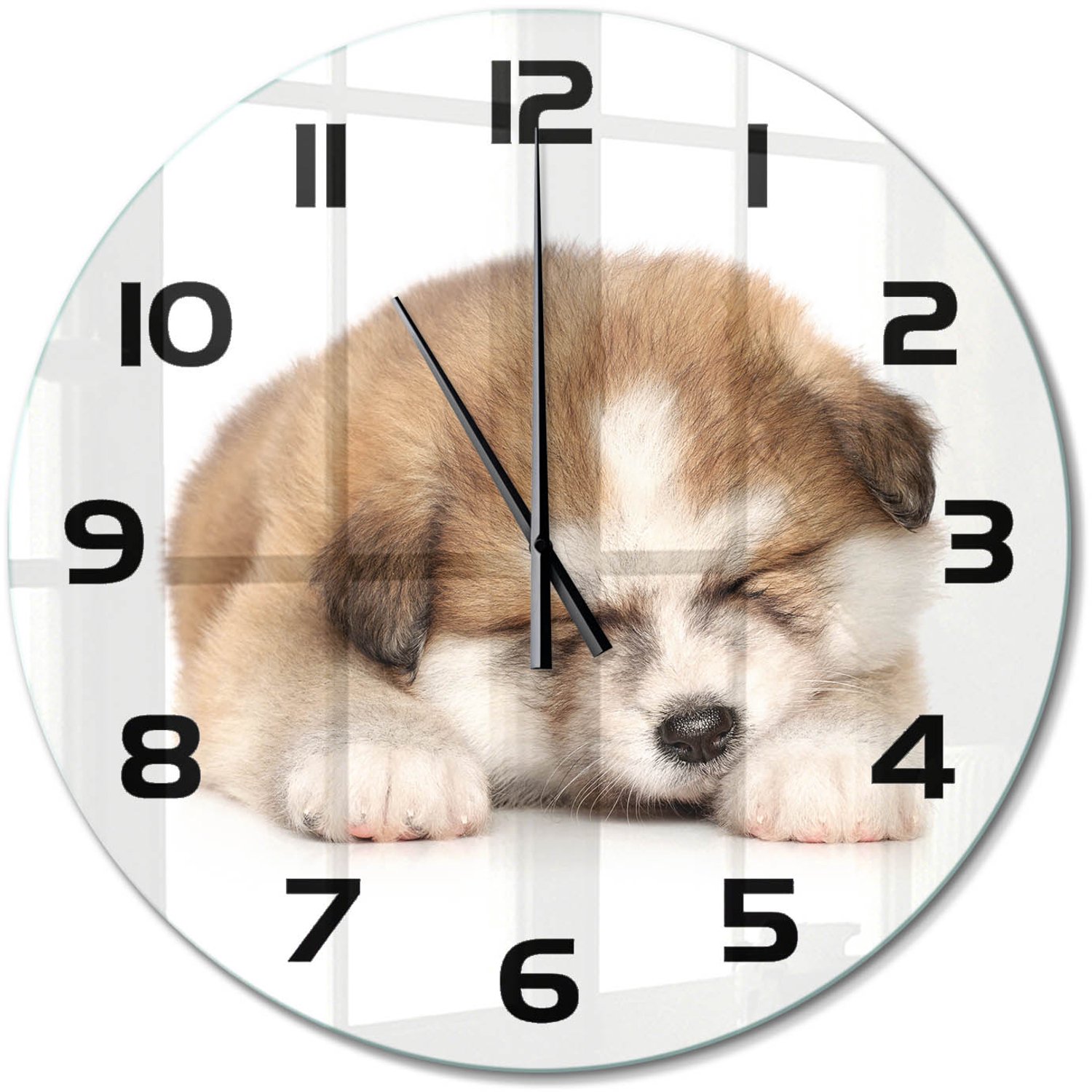TULUP Wandklok - Akita-puppy Moderne Wandklok Glas - fi60 cm - Oranje Wandklok Glas Decoratie - Zwarte handen - Ronde Klok - Glazen Wandklok Design - Klok Glas Met Opdruk