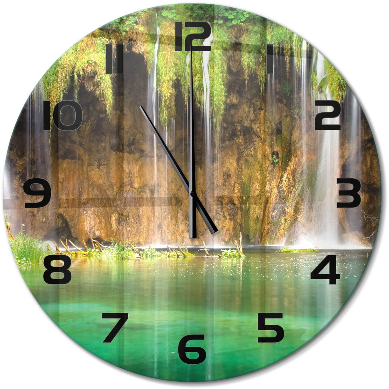 TULUP Wandklok - Plitvice-meren Klok Glas Met Opdruk - fi60 cm - Groente Moderne Wandklok Glas - Zwarte handen - Ronde Klok - Decoratieve Glazen Klok - Glazen Wandklok Design