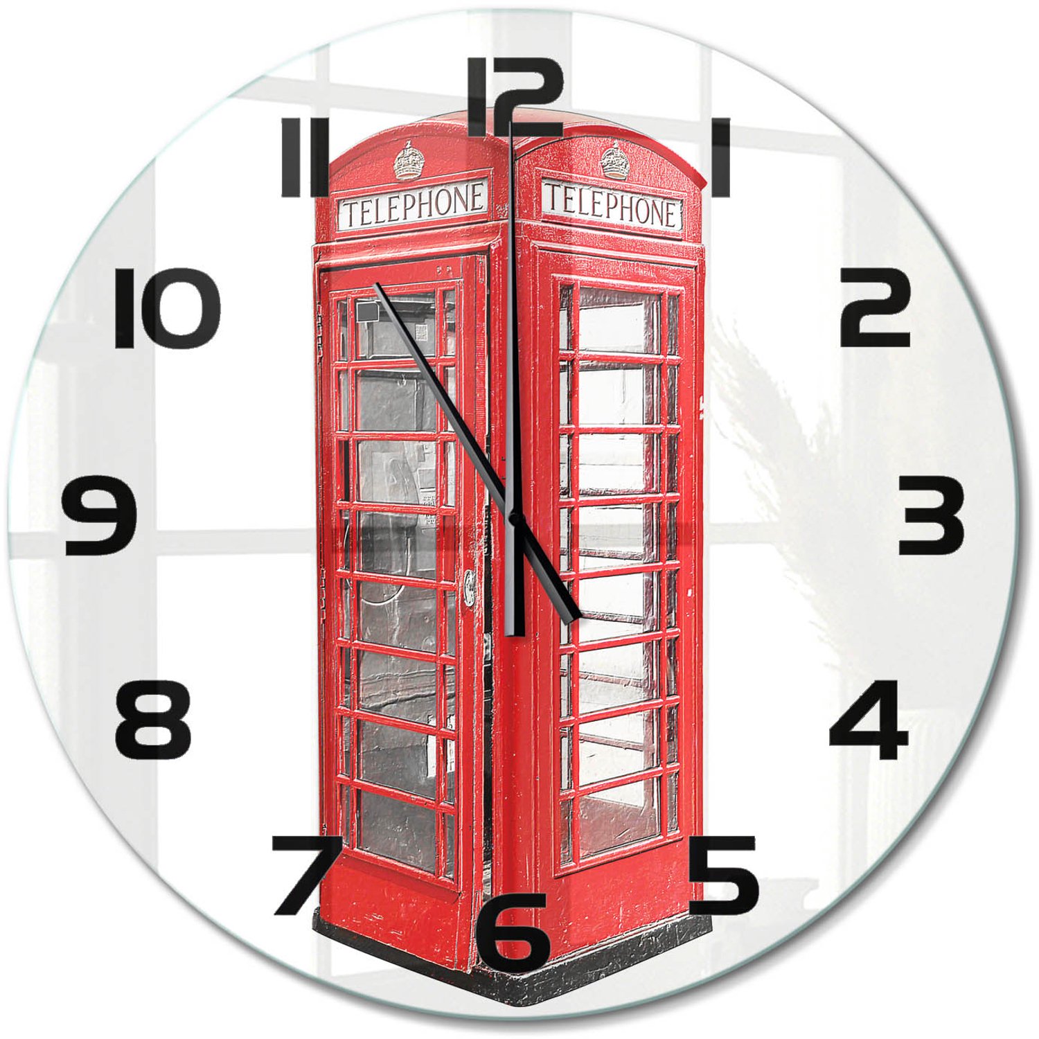 TULUP Wandklok - Openbare telefoon Glazen Klok Met Print - fi60 cm - Rood Wandklok Glas Met Motief - Zwarte handen - Ronde Klok - Wandklok Glas Decoratie - Gekleurde Glazen Klok