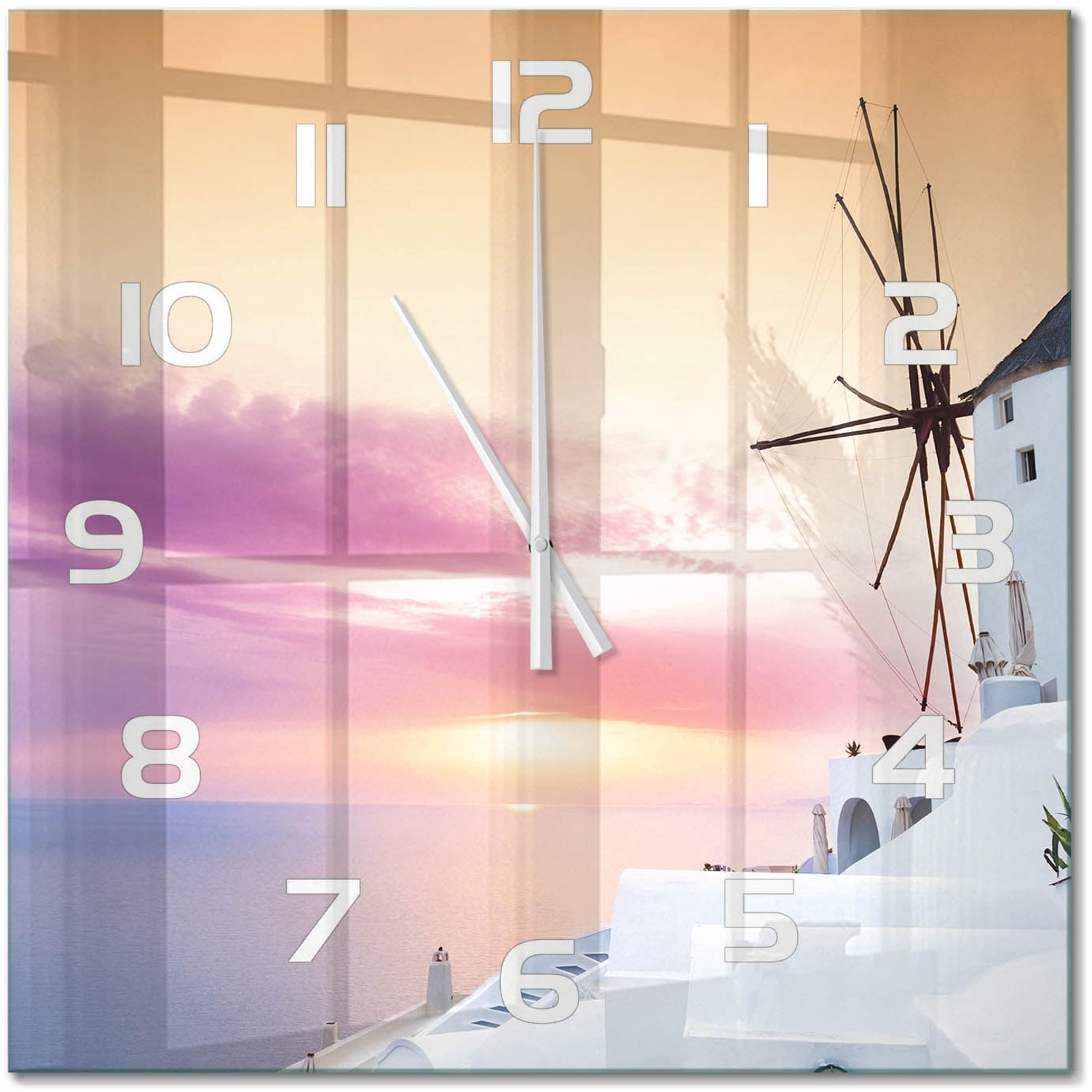 TULUP Wandklok - Santorini, Griekenland Moderne Wandklok Glas - 60x60 cm - Wit Wandklok Glas Decoratie - Witte handen - Vierkante Klok - Glazen Wandklok Design - Klok Glas Met Opdruk