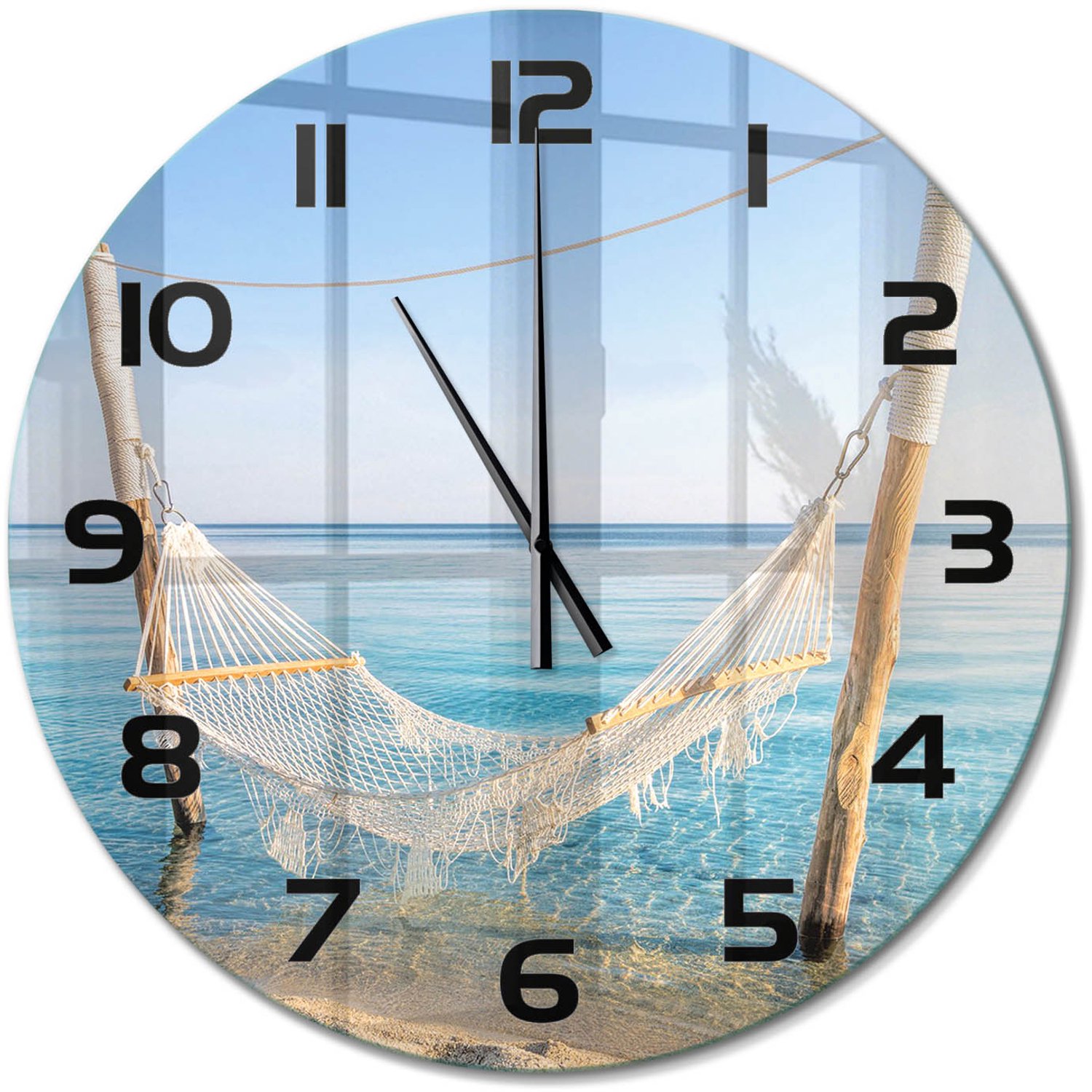 TULUP Wandklok - Hangmat aan zee Gekleurde Glazen Klok - fi60 cm - Blauw Glazen Klok Met Print - Zwarte handen - Ronde Klok - Moderne Wandklok Glas - Wandklok Glas Decoratie