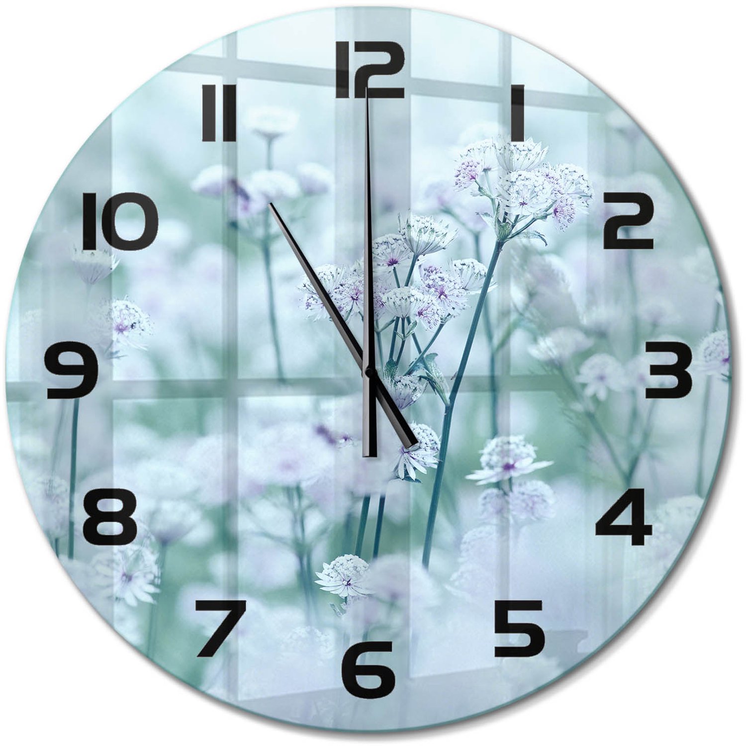 TULUP Wandklok - Grote garenkruid Glazen Wandklok Design - fi60 cm - Wit Klok Glas Met Opdruk - Zwarte handen - Ronde Klok - Wandklok Glas Met Motief - Decoratieve Glazen Klok