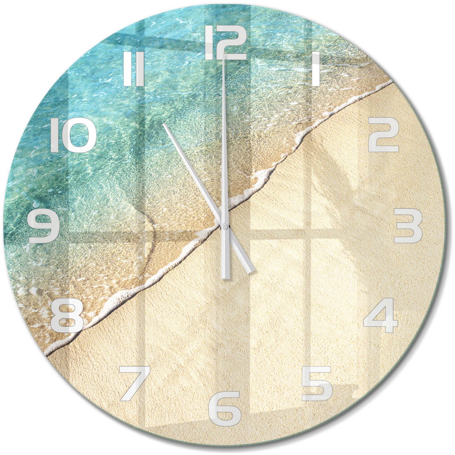 TULUP Wandklok - Golf op het strand Moderne Wandklok Glas - fi60 cm - Blauw Wandklok Glas Decoratie - Witte handen - Ronde Klok - Glazen Wandklok Design - Klok Glas Met Opdruk