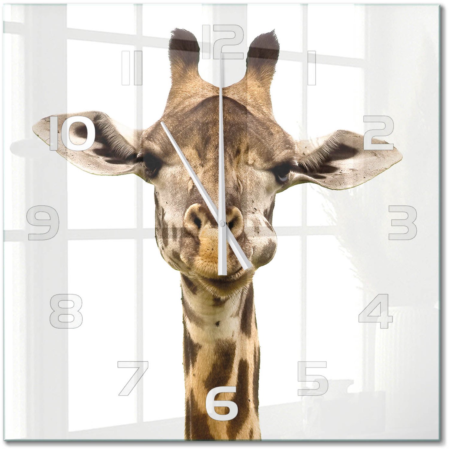 TULUP Wandklok - Giraffe Wandklok Glas Decoratie - 60x60 cm - Bruin Gekleurde Glazen Klok - Witte handen - Vierkante Klok - Klok Glas Met Opdruk - Moderne Wandklok Glas