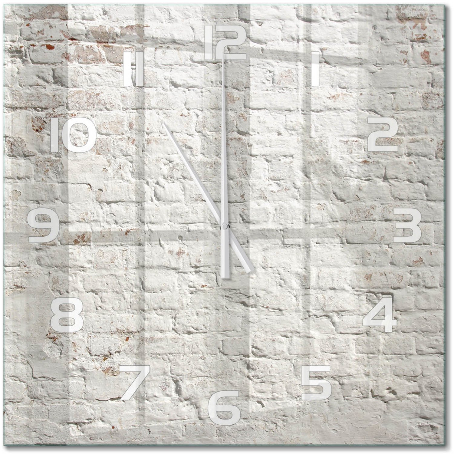 TULUP Wandklok - Bakstenen muur Klok Glas Met Opdruk - 60x60 cm - Wit Moderne Wandklok Glas - Witte handen - Vierkante Klok - Decoratieve Glazen Klok - Glazen Wandklok Design
