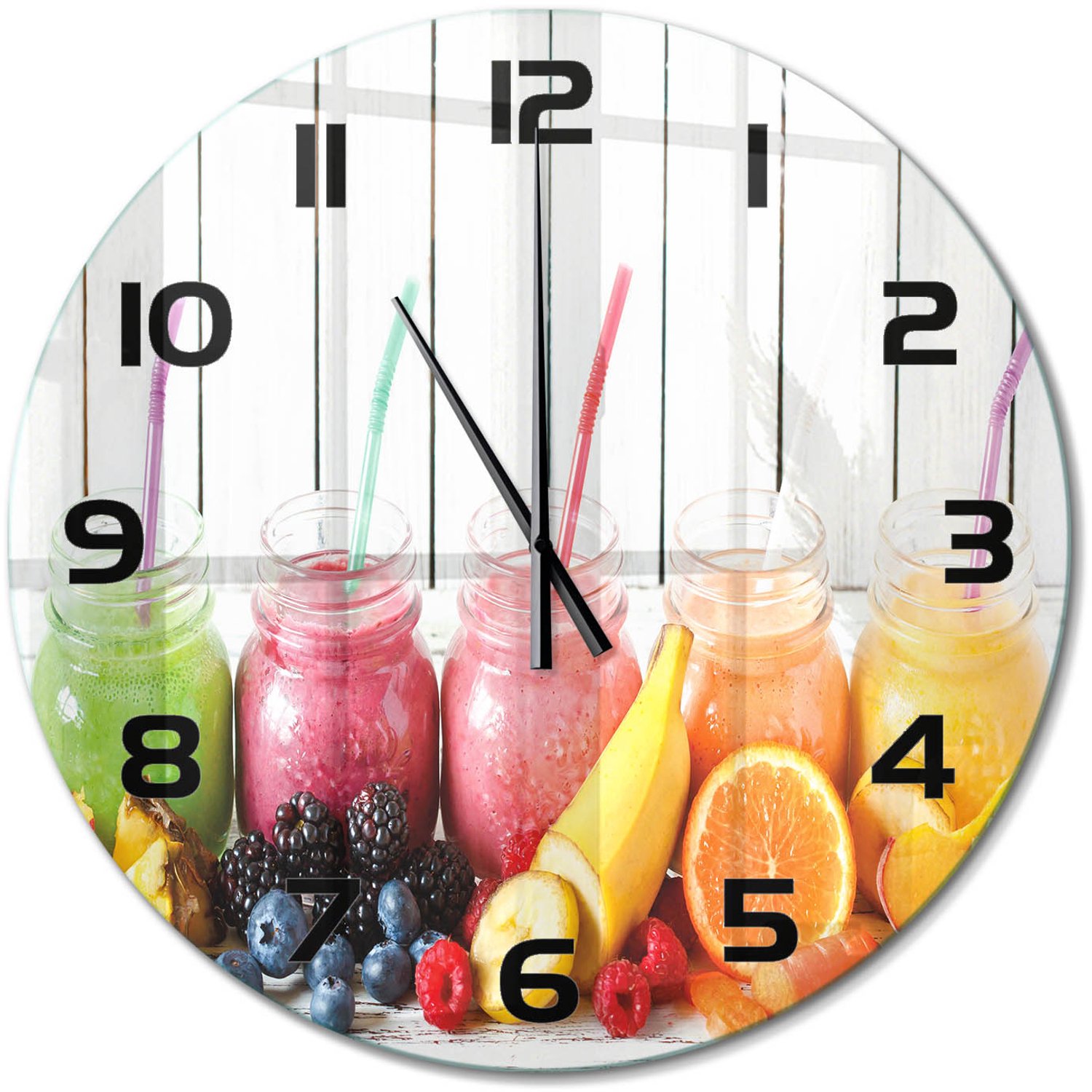 TULUP Wandklok - Fruitcocktails Wandklok Glas Decoratie - fi60 cm - Veelkleurig Gekleurde Glazen Klok - Zwarte handen - Ronde Klok - Klok Glas Met Opdruk - Moderne Wandklok Glas