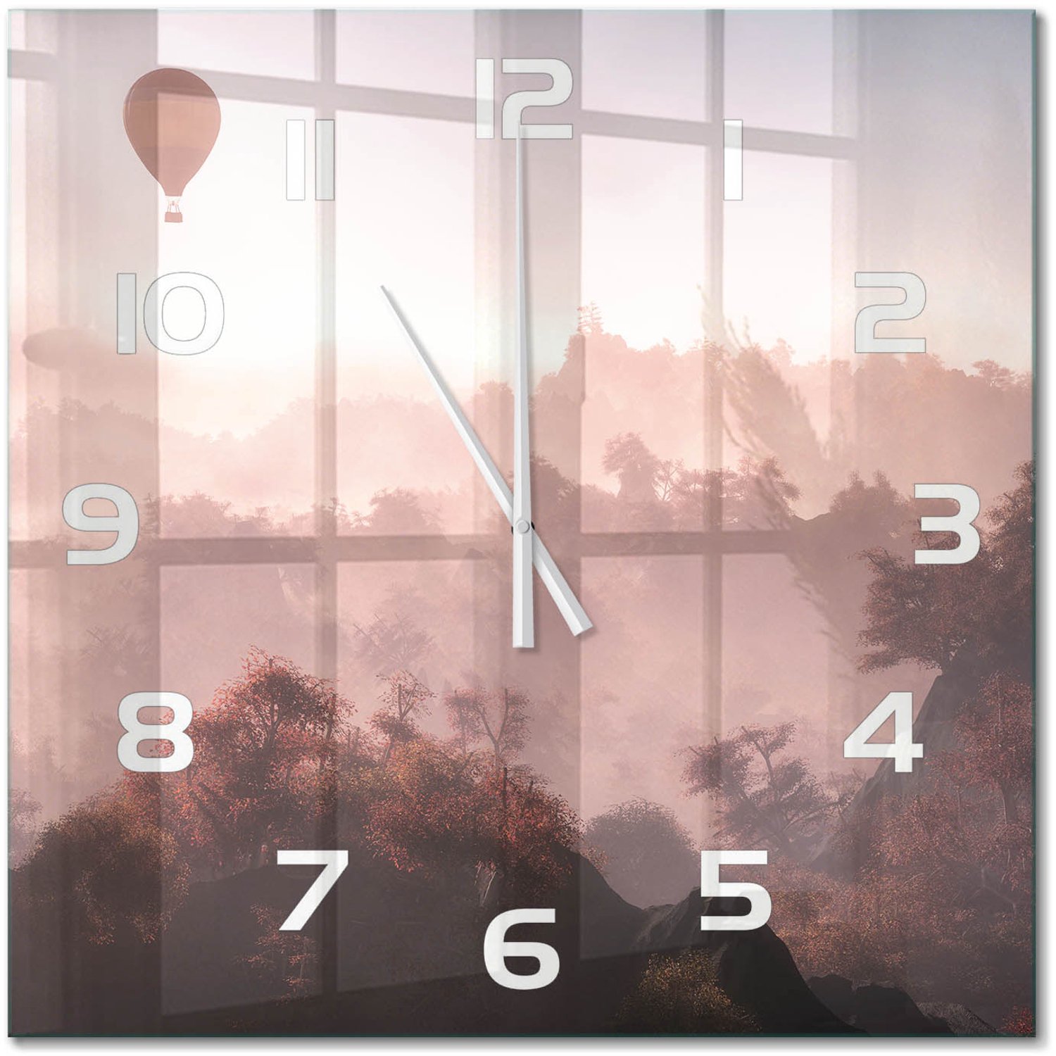 TULUP Wandklok - Ballonvaart boven het bos Klok Glas Met Opdruk - 60x60 cm - Bruin Moderne Wandklok Glas - Witte handen - Vierkante Klok - Decoratieve Glazen Klok - Glazen Wandklok Design