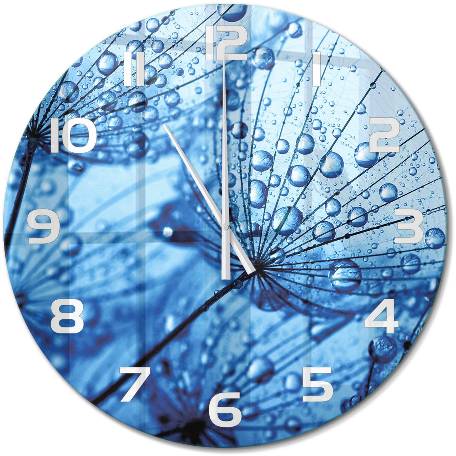 TULUP Wandklok - Paardenbloemzaden Glazen Klok Met Print - fi60 cm - Blauw Wandklok Glas Met Motief - Witte handen - Ronde Klok - Wandklok Glas Decoratie - Gekleurde Glazen Klok