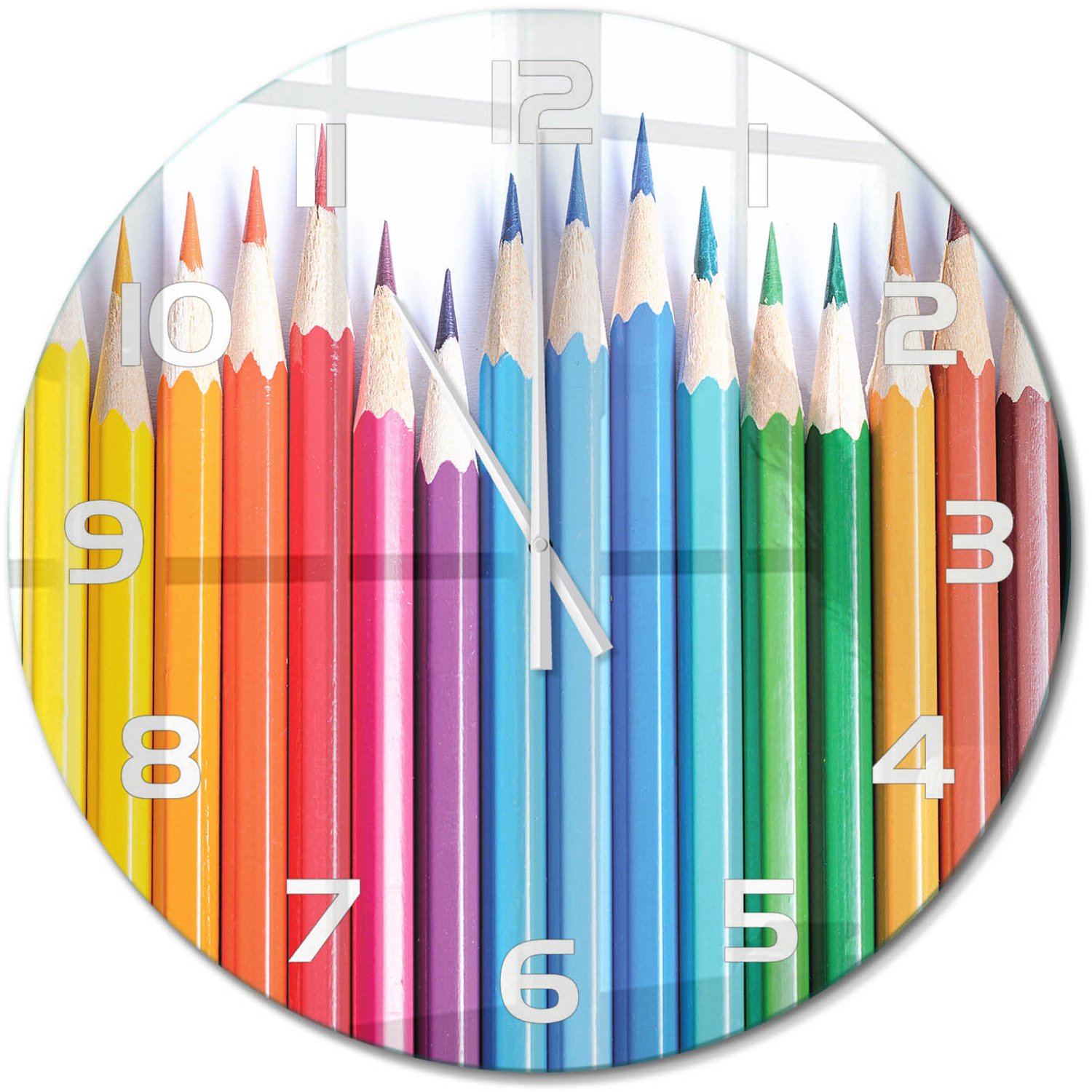 TULUP Wandklok - Kleurpotloden Decoratieve Glazen Klok - fi60 cm - Veelkleurig Glazen Wandklok Design - Witte handen - Ronde Klok - Glazen Klok Met Print - Wandklok Glas Met Motief