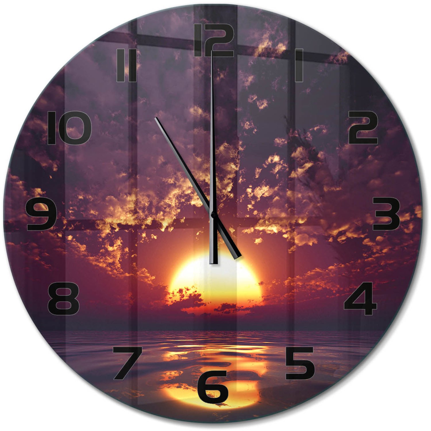 TULUP Wandklok - Zonsondergang Glazen Wandklok Design - fi60 cm - Geel Klok Glas Met Opdruk - Zwarte handen - Ronde Klok - Wandklok Glas Met Motief - Decoratieve Glazen Klok
