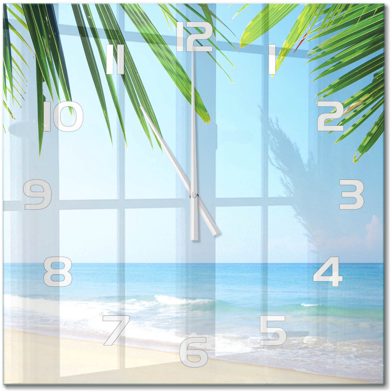 TULUP Wandklok - Tropisch strand Gekleurde Glazen Klok - 60x60 cm - Groente Glazen Klok Met Print - Witte handen - Vierkante Klok - Moderne Wandklok Glas - Wandklok Glas Decoratie