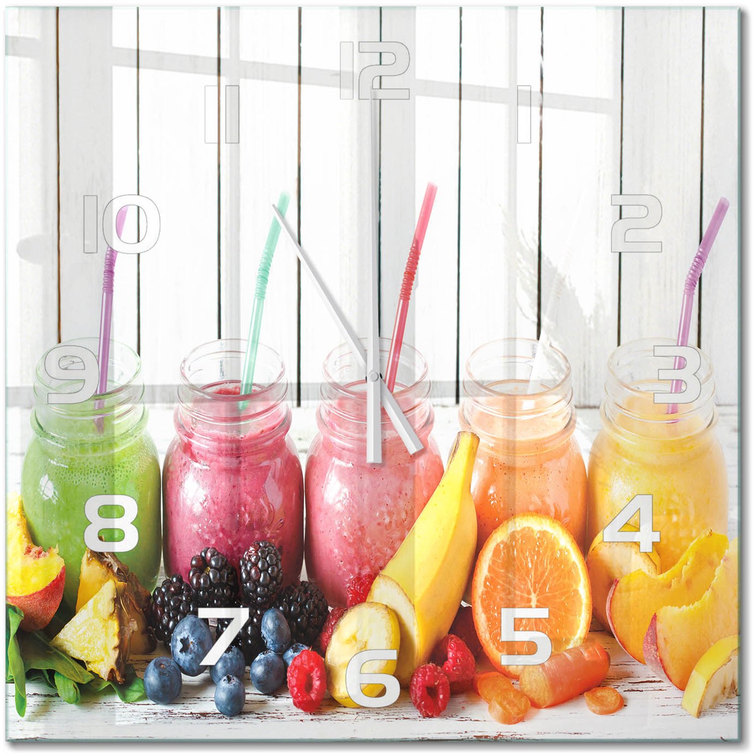 TULUP Wandklok - Fruitcocktails Gekleurde Glazen Klok - 60x60 cm - Veelkleurig Glazen Klok Met Print - Witte handen - Vierkante Klok - Moderne Wandklok Glas - Wandklok Glas Decoratie