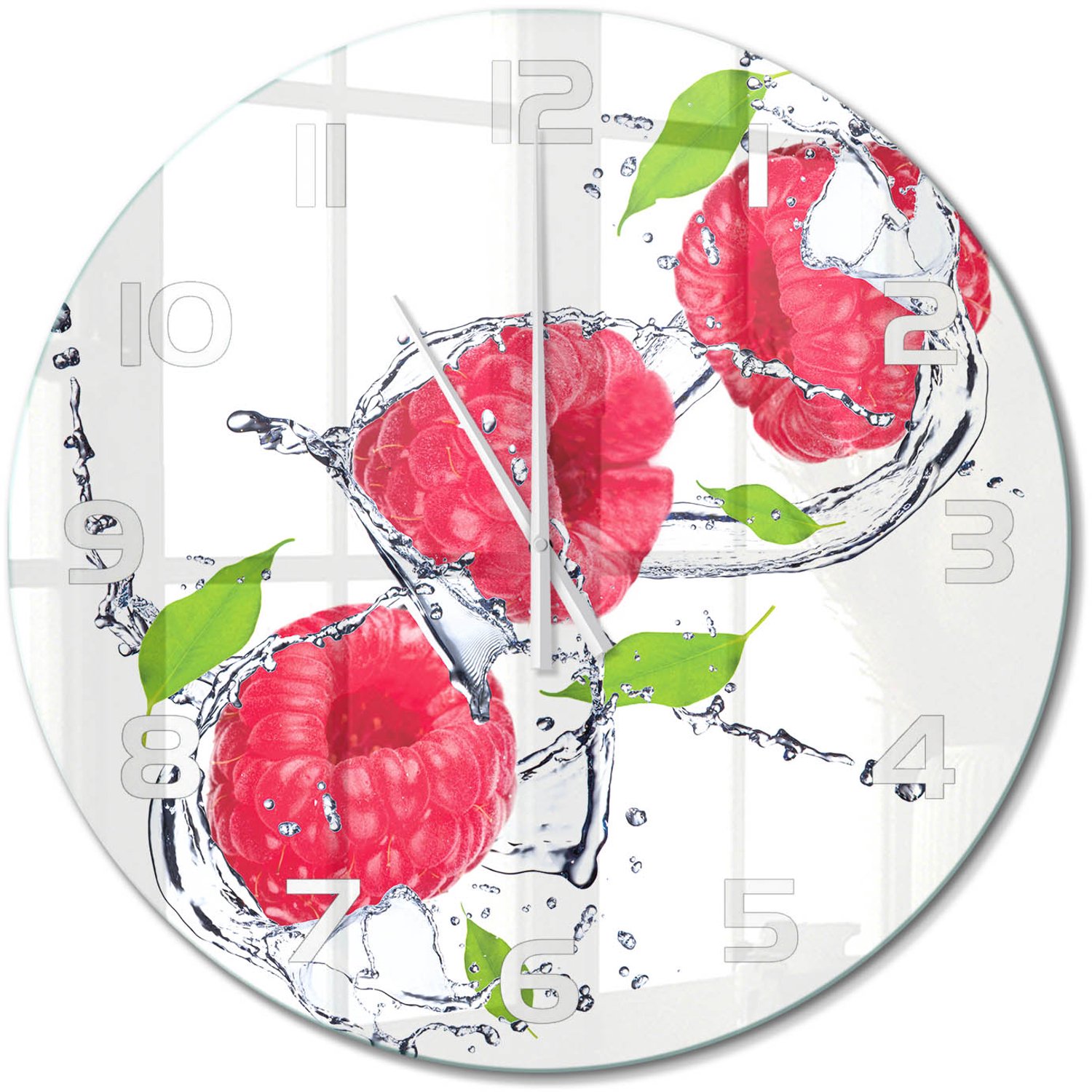 TULUP Wandklok - Framboos en water Glazen Wandklok Design - fi60 cm - Roze Klok Glas Met Opdruk - Witte handen - Ronde Klok - Wandklok Glas Met Motief - Decoratieve Glazen Klok
