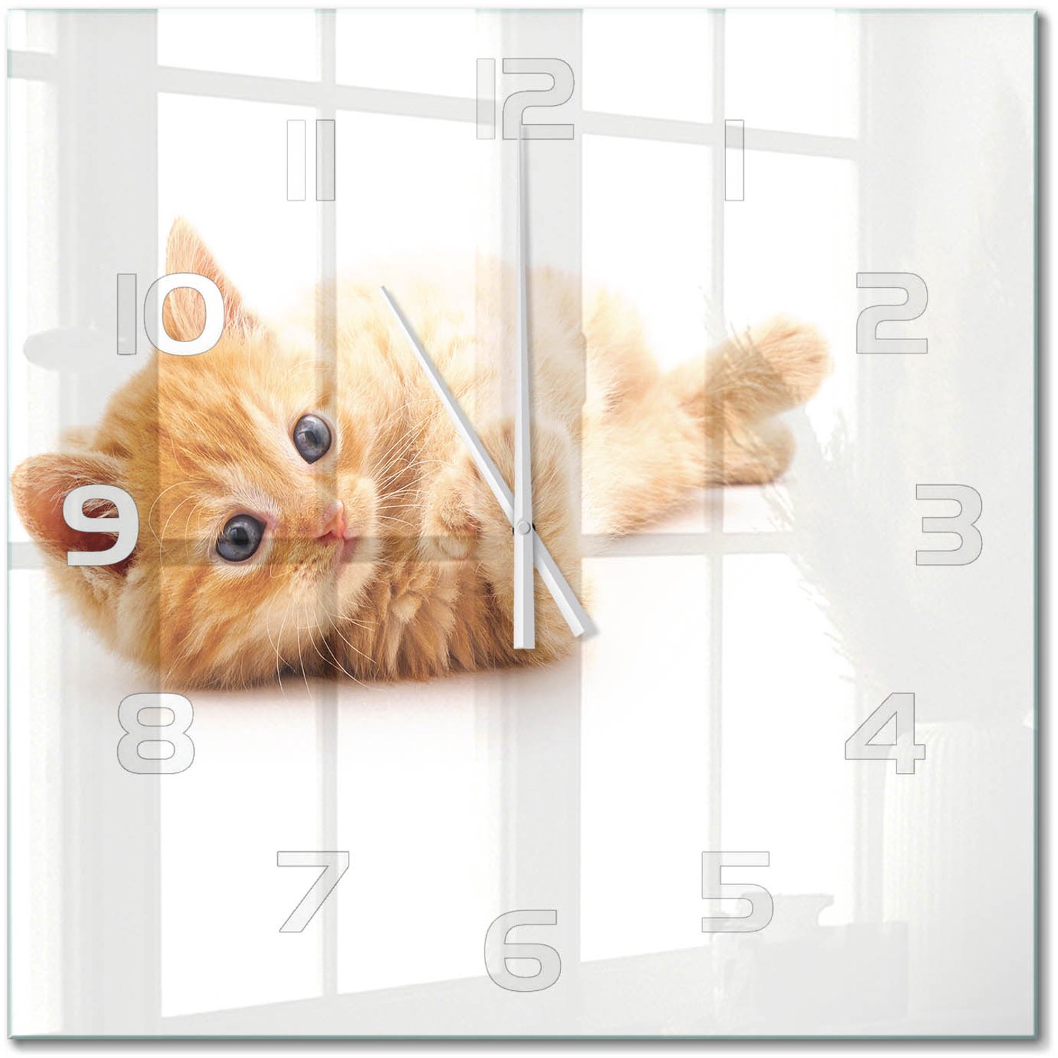 TULUP Wandklok - Rode Kat Wandklok Glas Met Motief - 60x60 cm - Oranje Decoratieve Glazen Klok - Witte handen - Vierkante Klok - Gekleurde Glazen Klok - Glazen Klok Met Print