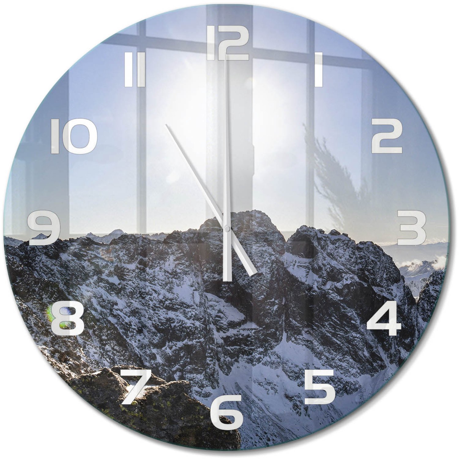 TULUP Wandklok - De winter in het Tatragebergte Klok Glas Met Opdruk - fi60 cm - Blauw Moderne Wandklok Glas - Witte handen - Ronde Klok - Decoratieve Glazen Klok - Glazen Wandklok Design