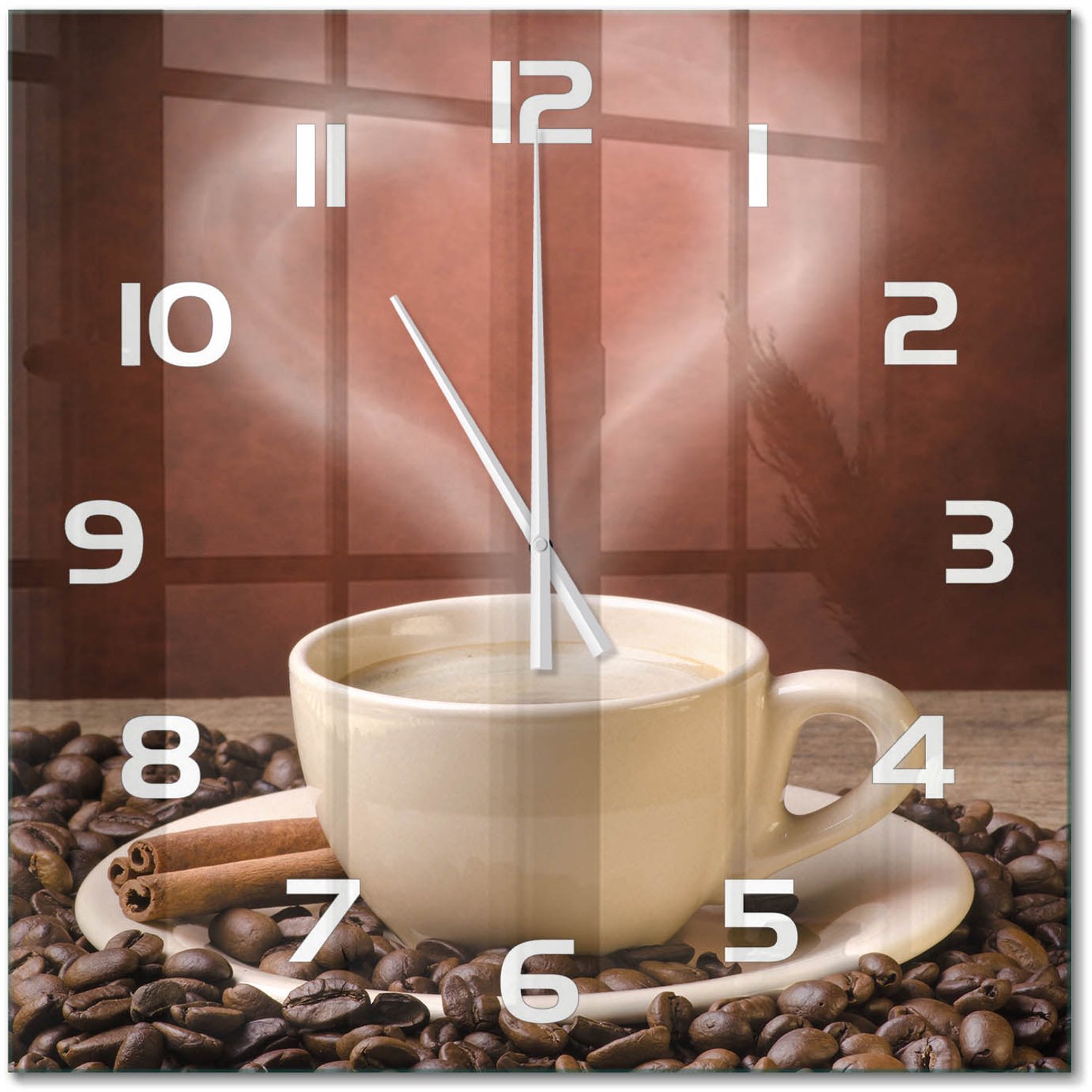 TULUP Wandklok - Aromatische koffie Klok Glas Met Opdruk - 60x60 cm - Bruin Moderne Wandklok Glas - Witte handen - Vierkante Klok - Decoratieve Glazen Klok - Glazen Wandklok Design