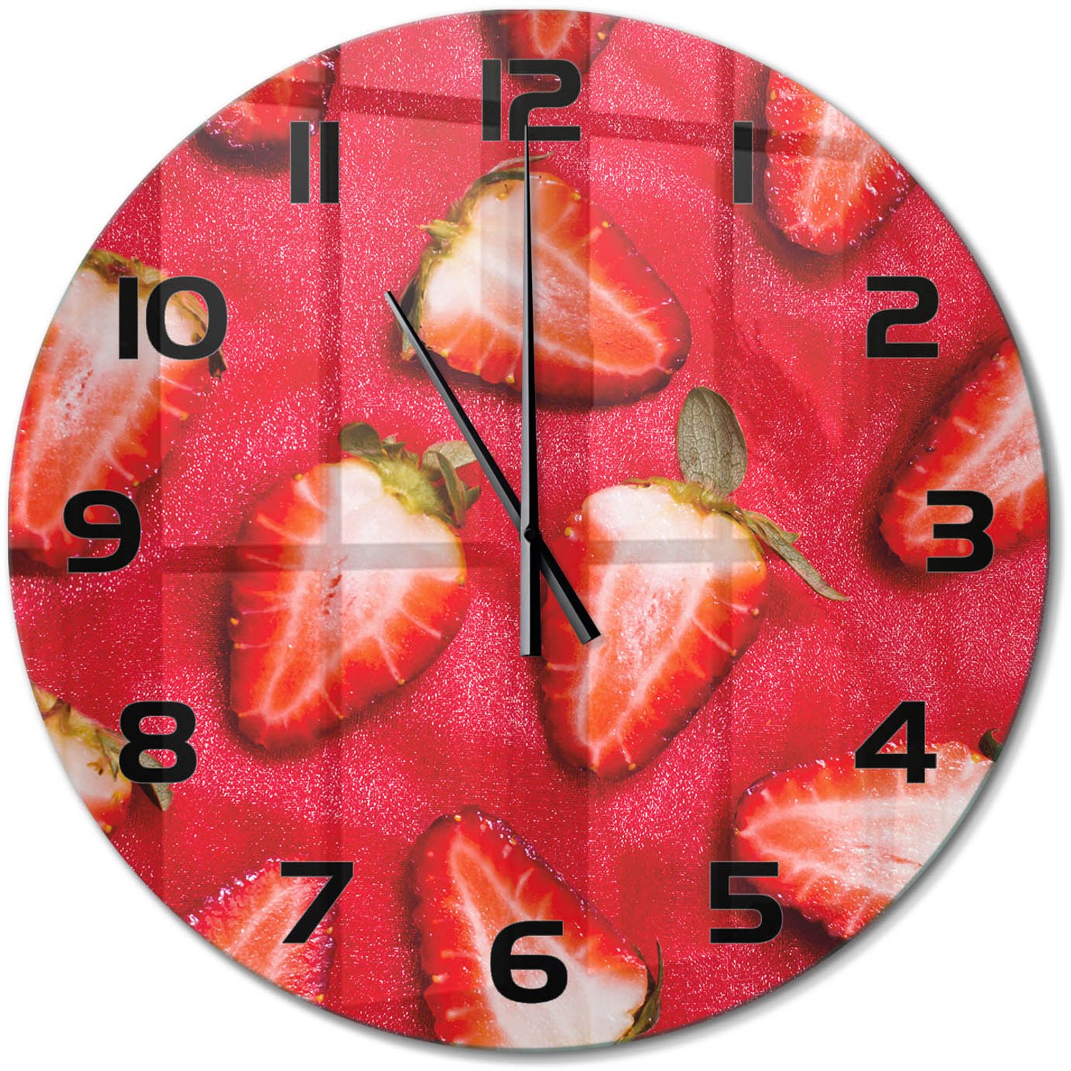 TULUP Wandklok - Gesneden aardbeien Gekleurde Glazen Klok - fi60 cm - Rood Glazen Klok Met Print - Zwarte handen - Ronde Klok - Moderne Wandklok Glas - Wandklok Glas Decoratie
