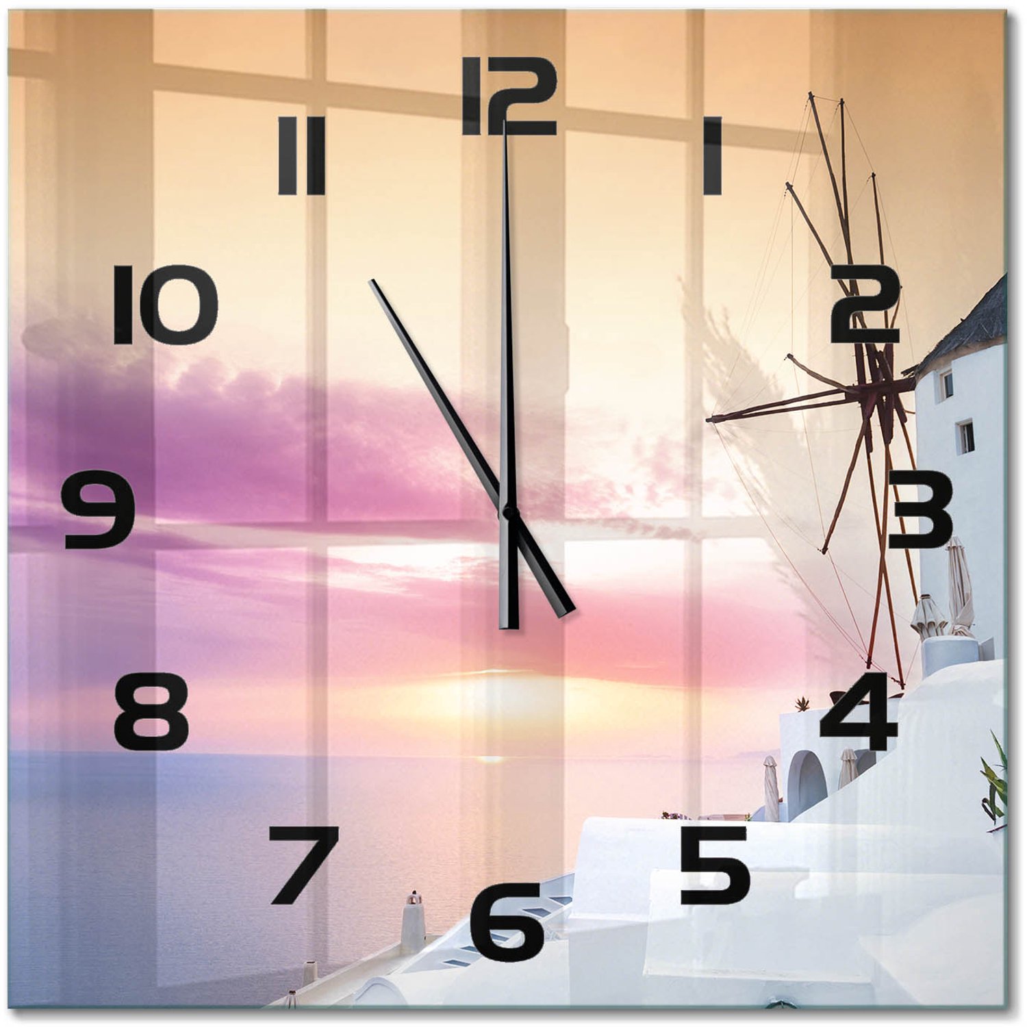 TULUP Wandklok - Santorini, Griekenland Glazen Klok Met Print - 60x60 cm - Wit Wandklok Glas Met Motief - Zwarte handen - Vierkante Klok - Wandklok Glas Decoratie - Gekleurde Glazen Klok