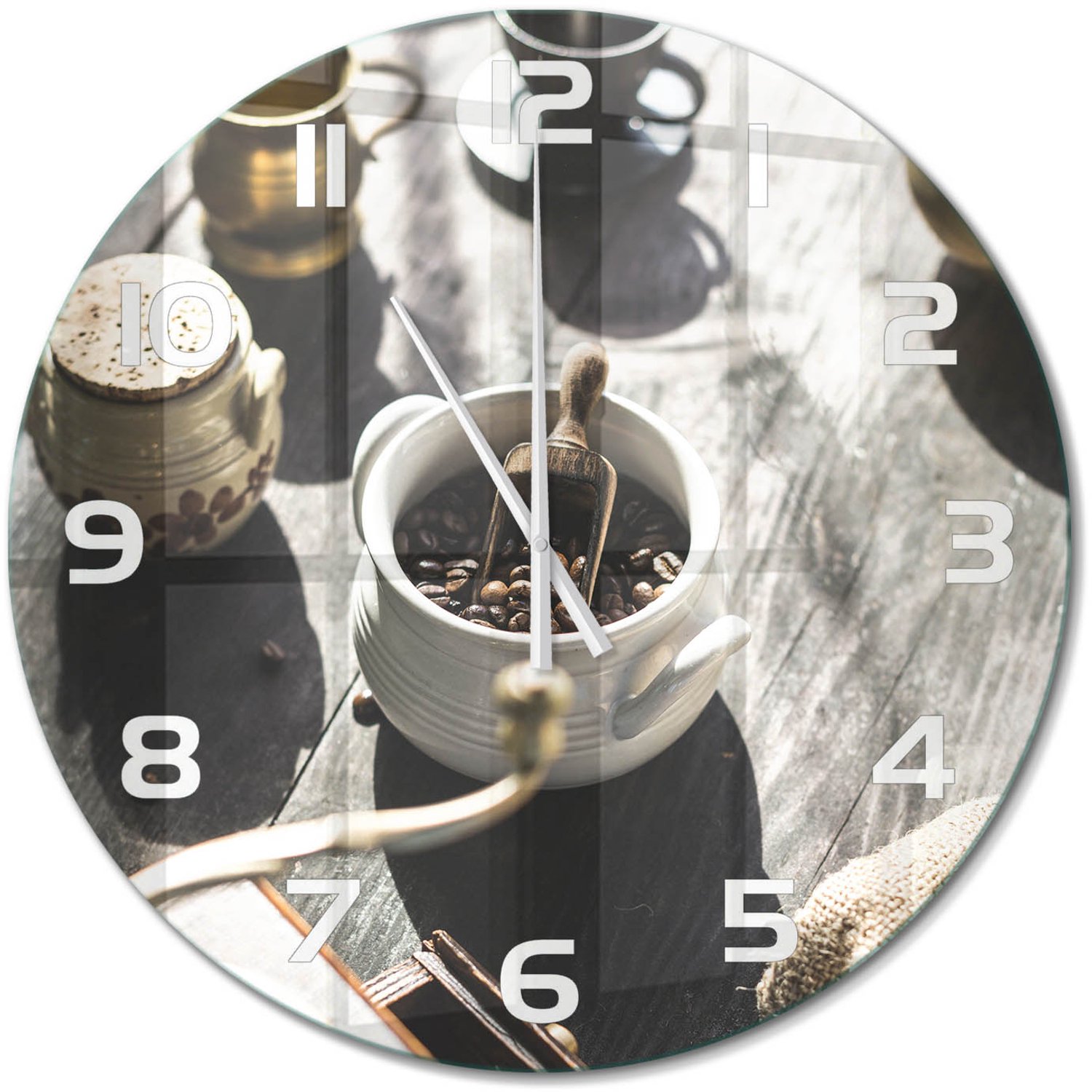 TULUP Wandklok - Koffiemolen Glazen Klok Met Print - fi60 cm - Bruin Wandklok Glas Met Motief - Witte handen - Ronde Klok - Wandklok Glas Decoratie - Gekleurde Glazen Klok