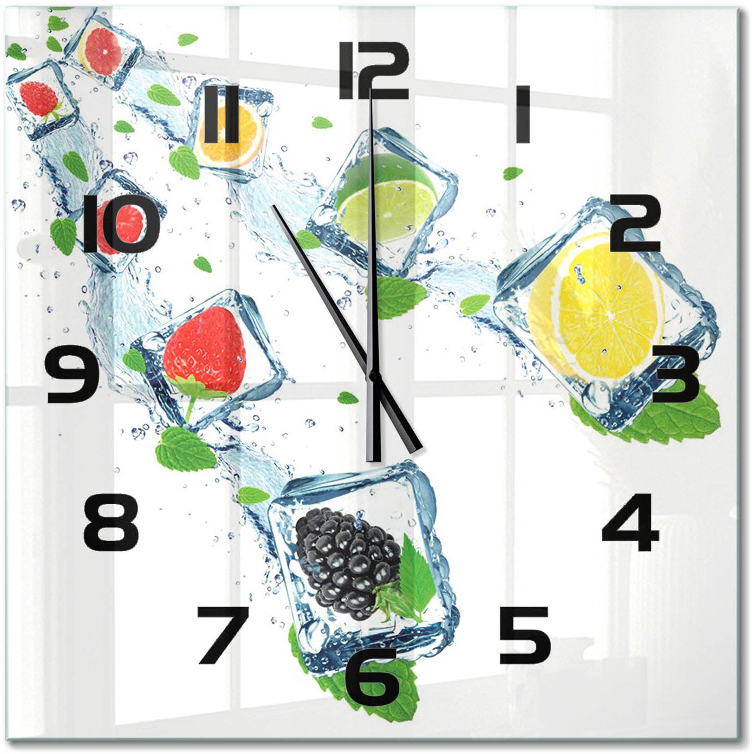 TULUP Wandklok - Fruit in blokjes Klok Glas Met Opdruk - 60x60 cm - Veelkleurig Moderne Wandklok Glas - Zwarte handen - Vierkante Klok - Decoratieve Glazen Klok - Glazen Wandklok Design