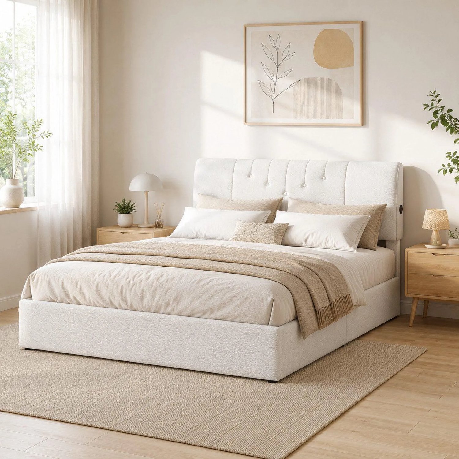 MEXUS Gestoffeerd bed 160x200 cm met USB-oplaadpoorten, Opbergbed Tweepersoonsbed met Hydraulische Opbergruimte en Lattenbodem, teddy-fluweel, zonder matras, Beige