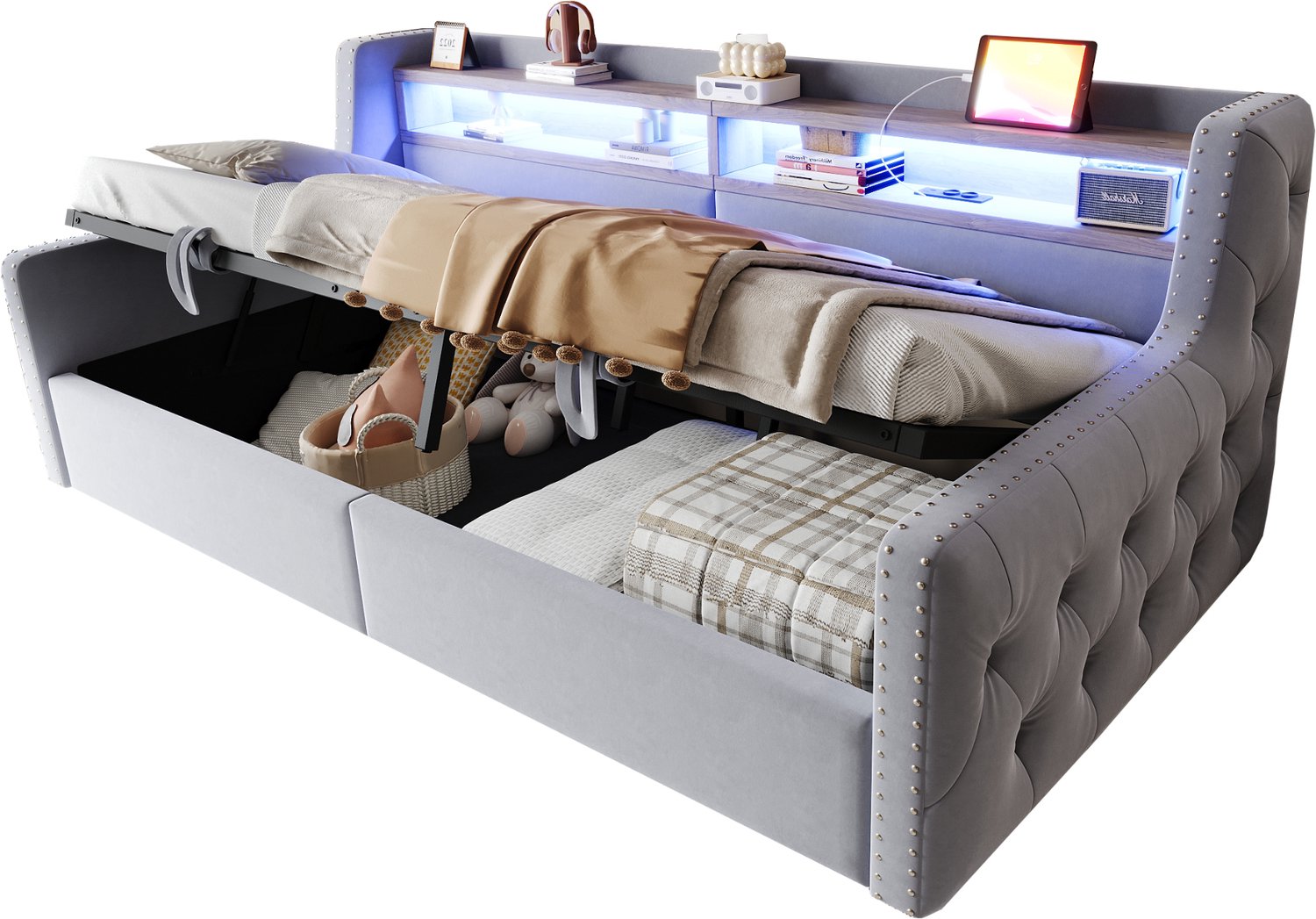 MUVANO Slaapbank 90 x 200 cm - bedbank met opbergruimte en ledverlichting - fluwelen bekleding, lattenbodem, houten plank en oplaadaansluitingen, lichtgrijs