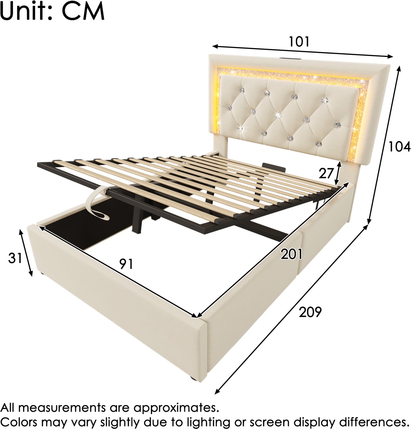 Vovtenza Gestoffeerd bed 90x200 cm - fluweel eenpersoonsbed met LED-diamantstrip in hoofdeinde - USB & Type-C oplaadstation - hydraulische opbergbedbak - modern tienerbed met lattenbodem - Beige (Zonder matras)