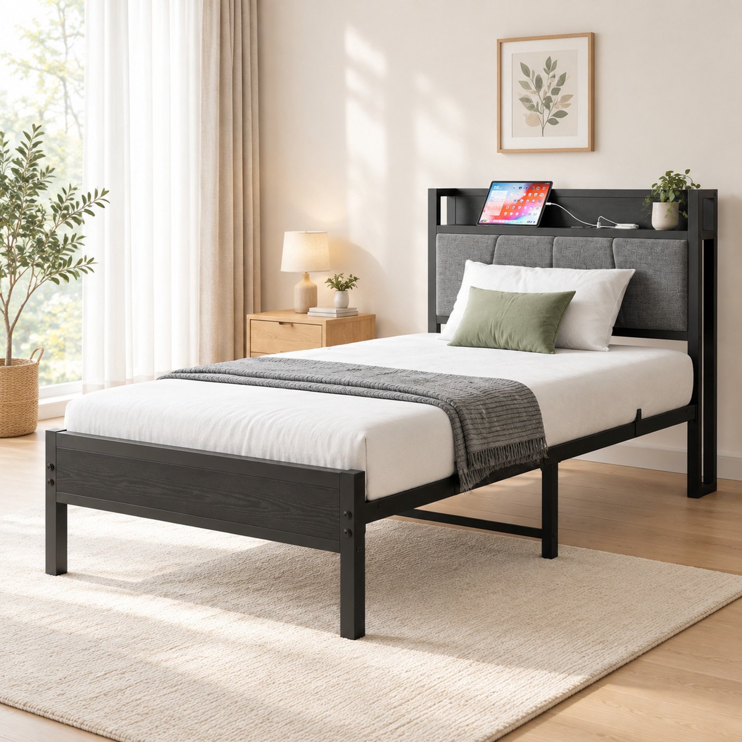MIVRAY Eenpersoonsbedden 90x200 cm - Metalen Bedframe - Stevig Bed - USB Aansluiting - Opbergruimte - Zwart