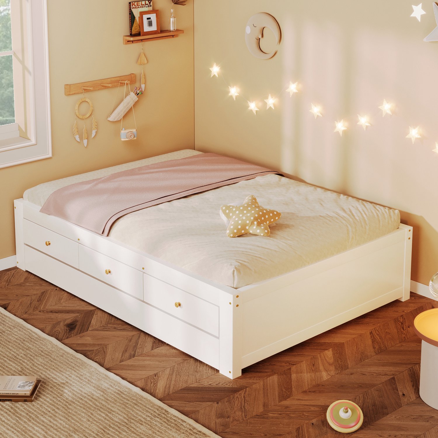 HAUSS SPOLE Houten Bed 90x200 cm - Eenpersoonsbed met 3 Lades - Uitschuifbaar Logeerbed voor Slaapkamer en Logeerkamer - Zonder Matras - MDF en Hout - Wit