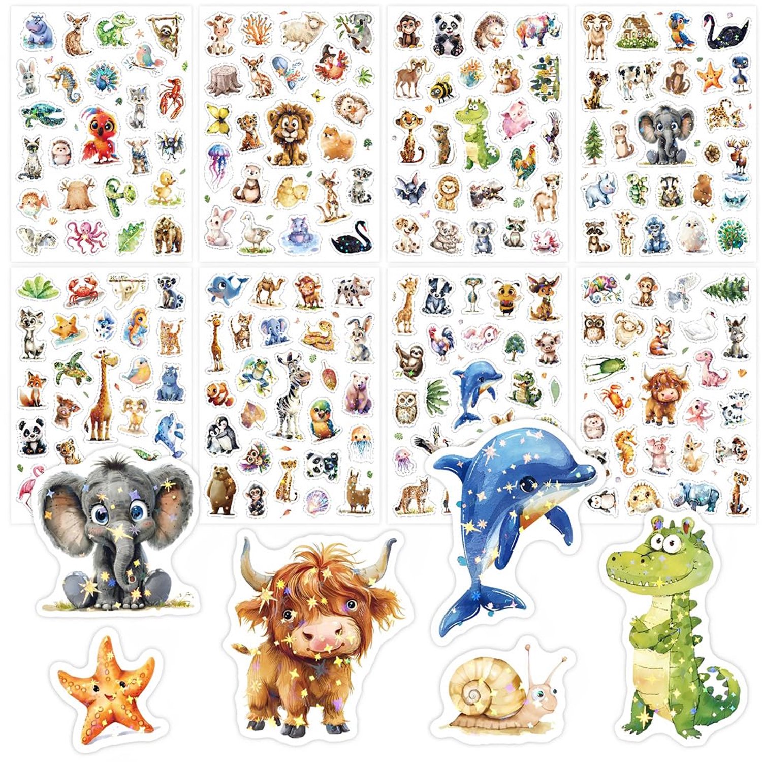 Set van 200 Aquarel Dierenstickers voor Decoratie