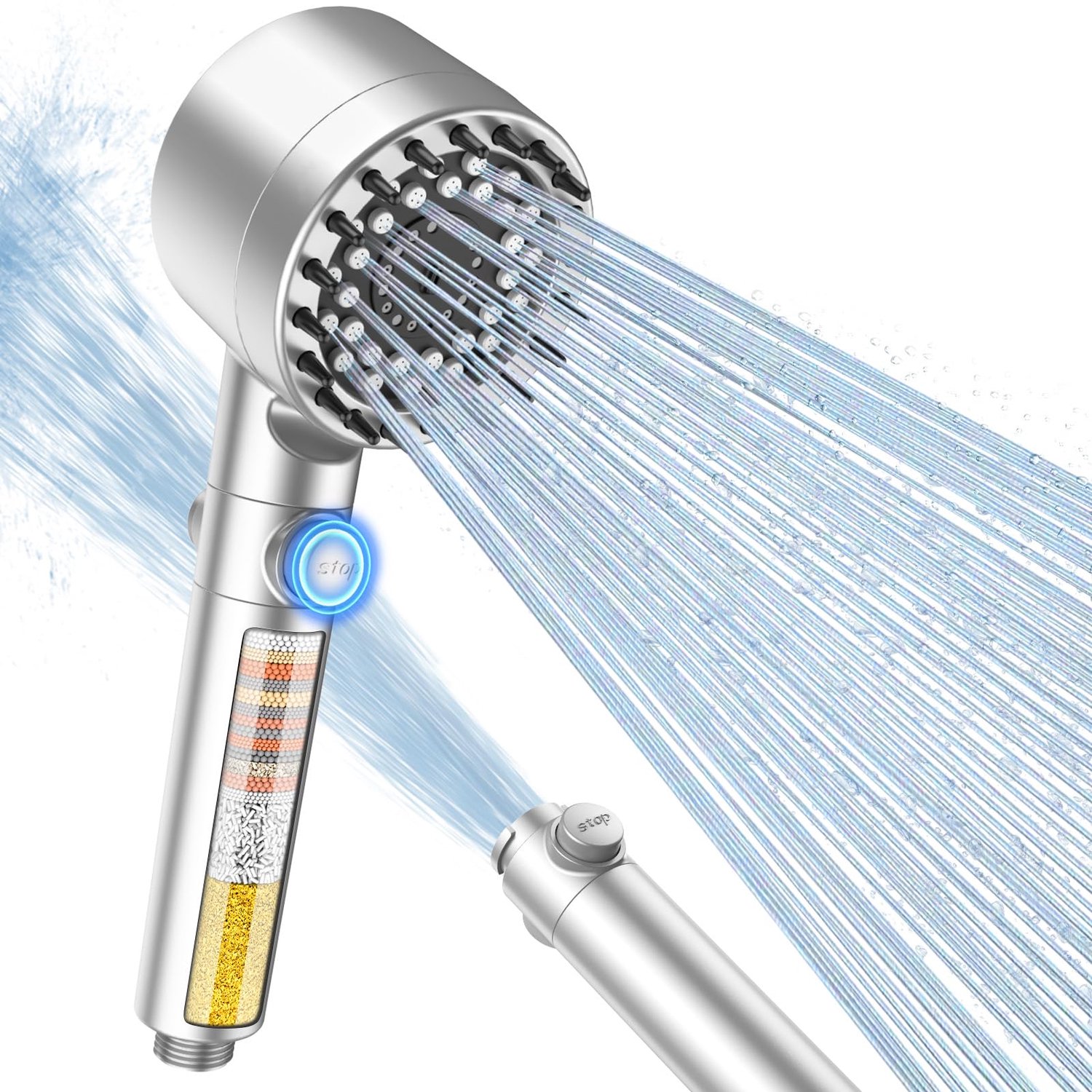 Handdouche met 15-Laags Filter en Hoge Druk, Gelakt Zilver