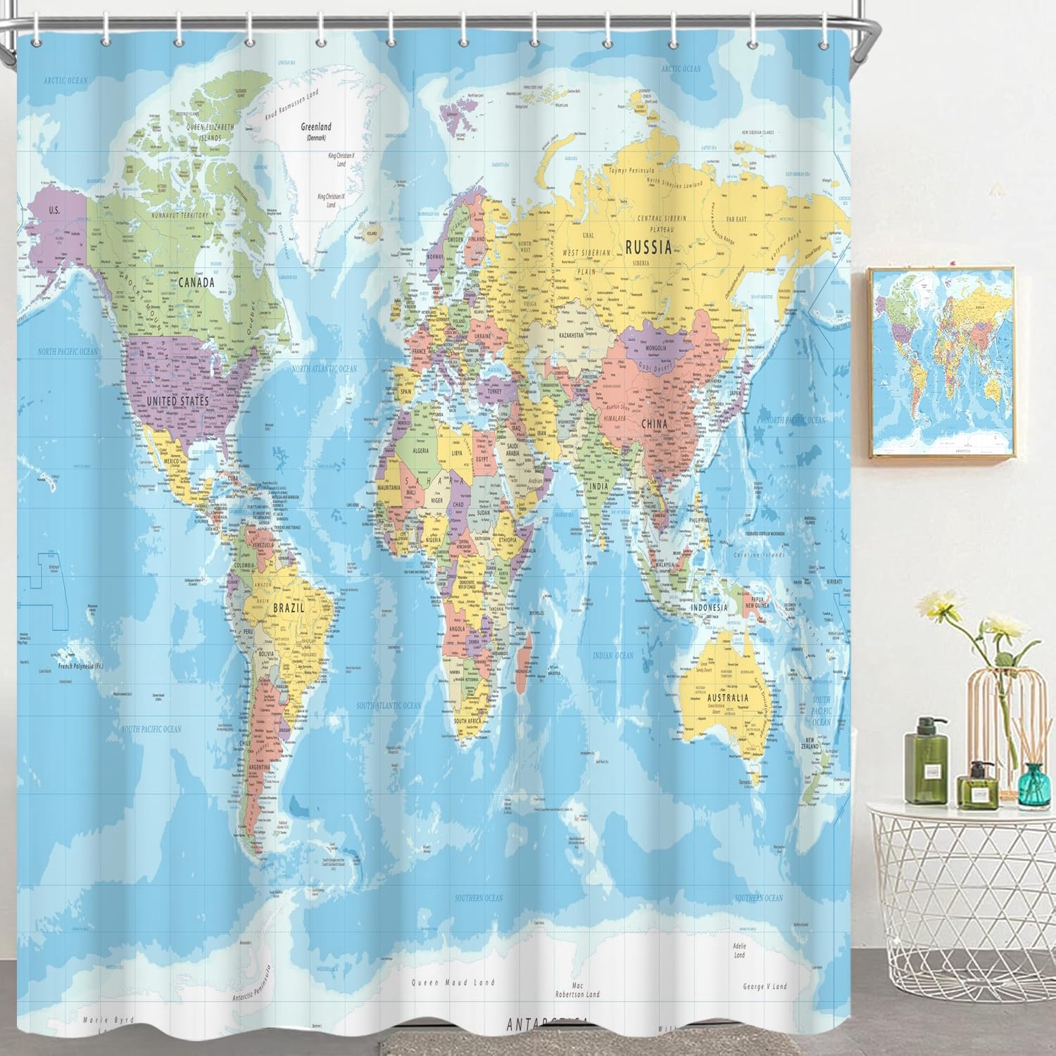 Douchegordijn Wereldkaart 180 x 200 cm, Waterdicht en Machinewasbaar