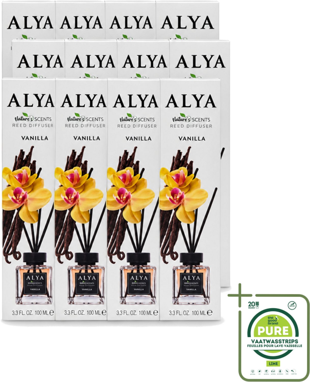 12 x Alya – Reed Diffuser – Vanilla – Interieurparfum - Grootverpakking - Vaatwasstrips - Geurstokjes - Vanille - Warme Geur - Huisgeur - Geur In Huis