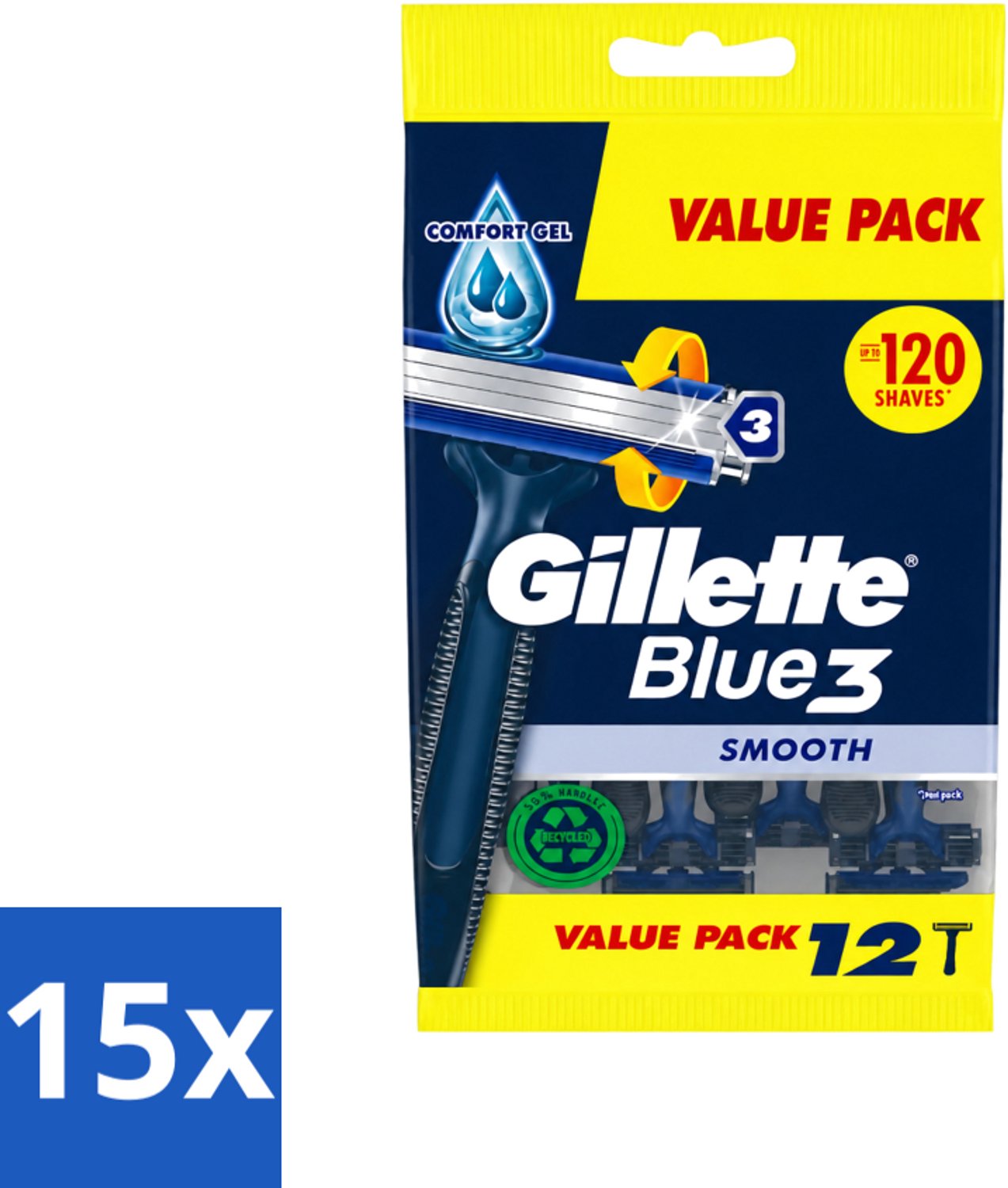 15 x Gillette - Blue 3 Smooth - Wegwerpscheermesjes - Comfortabele scheerbeurt - 12 Scheermesjes - Voordeelverpakking - 15 stuks
