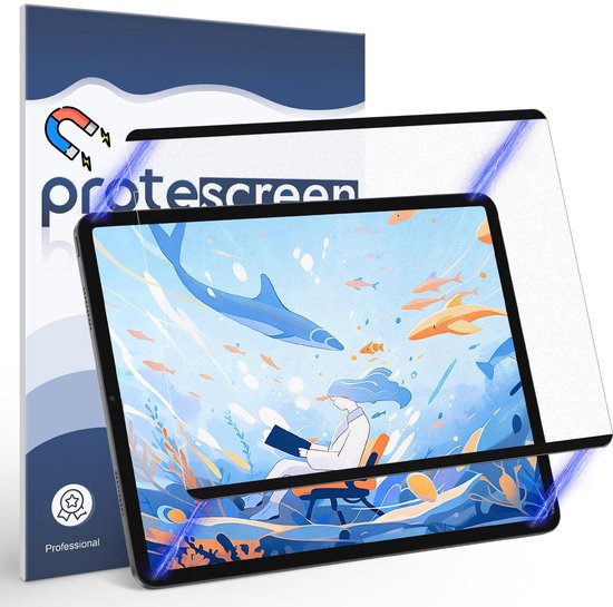 Protescreen magnetische screenprotector voor tablet, verpakkingsdoos en tablet met onderwater-illustratie.