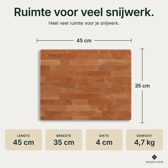 SOPHIOR Houten Snijplank Esdoorn Kopshout - Hakblok 45x35x4 cm - Met Handvaten — cadeau in Kookcadeaus - foto 4