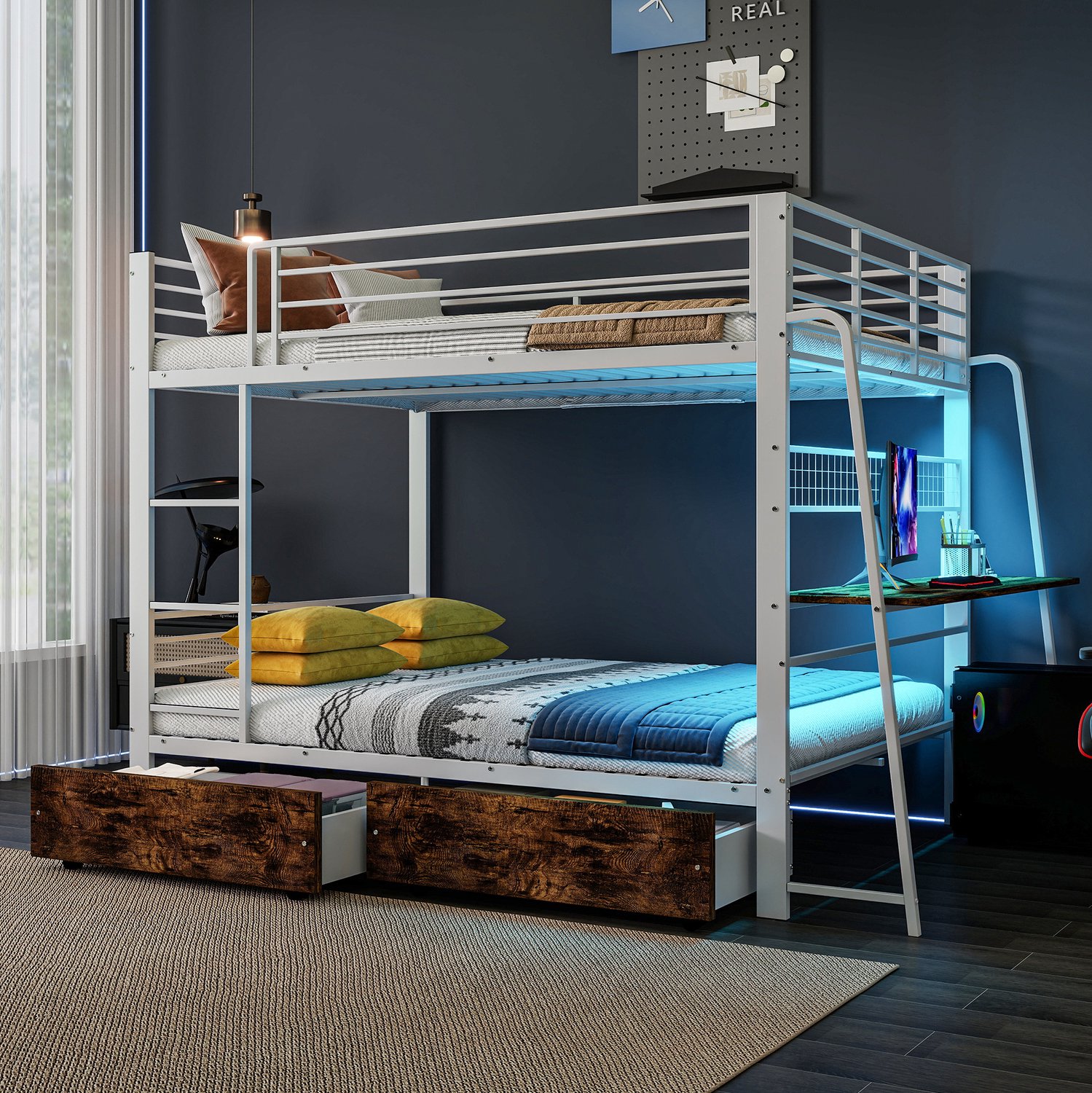 HAUSS SPOLE Hoogslaper 140x200 cm - Met Bureau en Twee Laden - Met Ladder en Uitvalbeveiliging - Zonder Matras - Metaal en MDF - Wit en Walnootkleur Wit met walnootkleurige houtlook