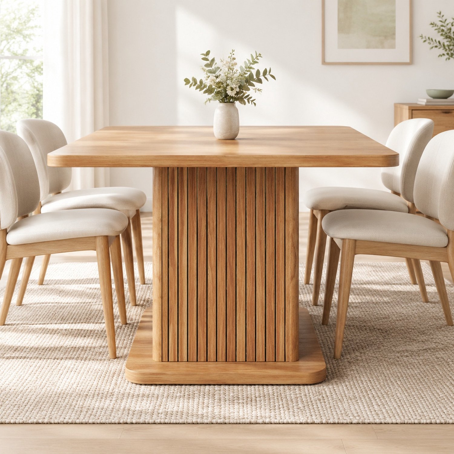 Wishdor Vierkante eettafel - Verborgen opbergruimte met twee planken - Gesloten deuren met verticale reliëfstrepen - Centrale tafelvoet - Modern - Keuken eetkamer - MDF en metaal - Donkerbruine houtlook - 80 x 80 x 76 cm