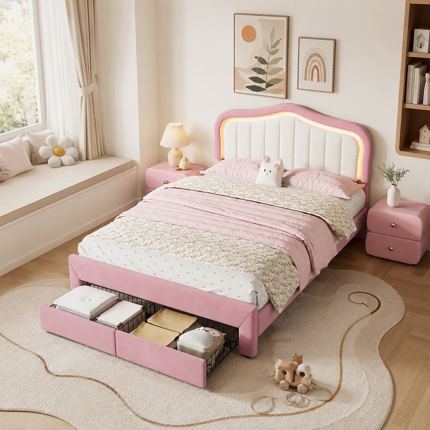 HAUSS SPOLE Gestoffeerd Kinderbed 140x200 cm - Met Twee Lades en Ledverlichting via App - Zonder Matras - Voor Kinder- en Tienerkamers - Fluweel - Roze