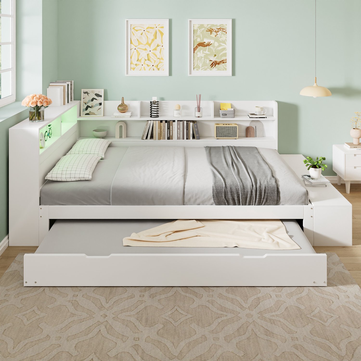 HAUSS SPOLE Houten Bed 120x200 cm - Uitschuifbed 90x190 cm met Opbergruimte - Ledverlichting en Laadaansluiting - Zitbank - Zonder matras - Wit