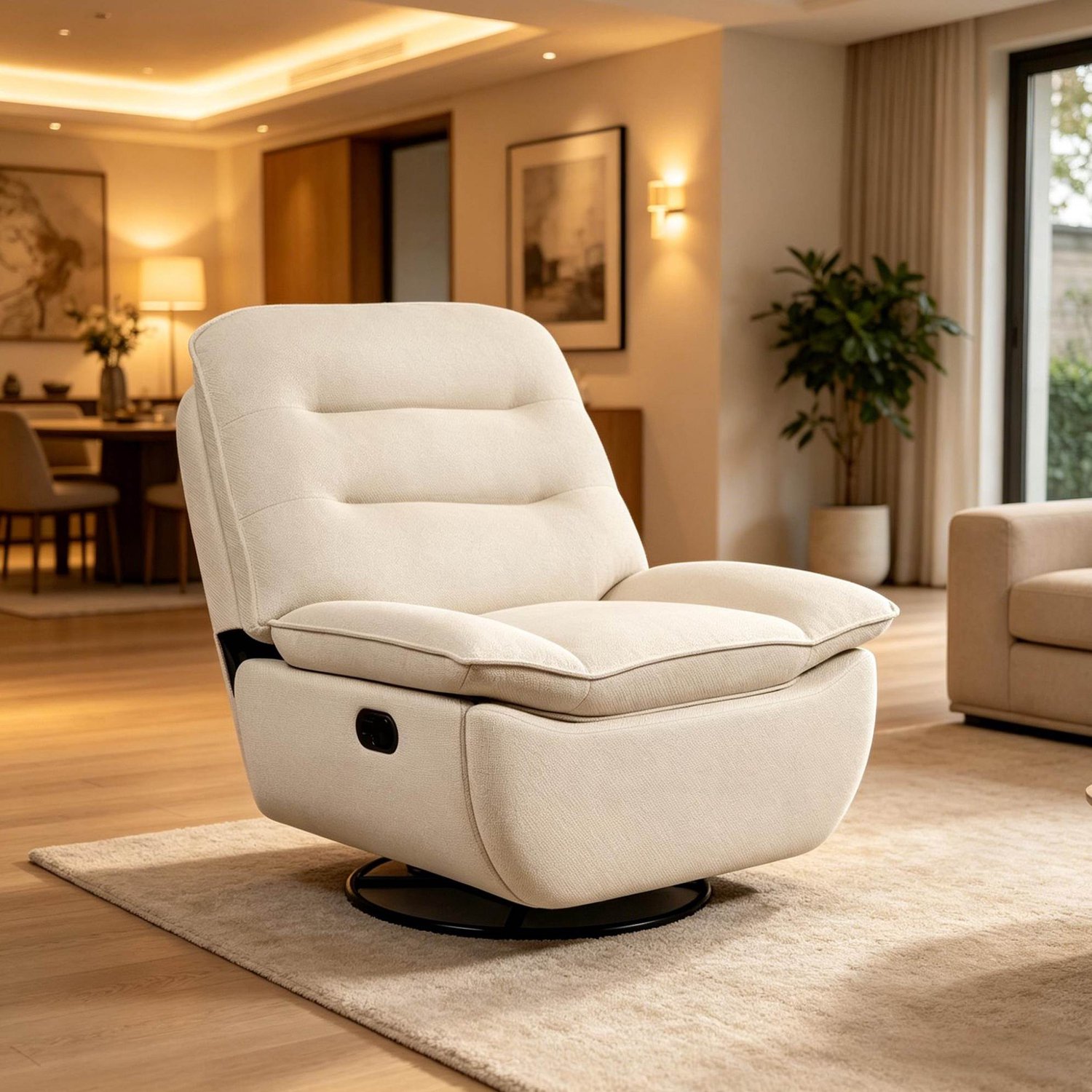 MEUNIQ draaibare relaxfauteuil met verstelbare voetsteun, 360° draaibaar en 30° schommelend, brede stoffen zitting en verborgen opbergruimte, beige