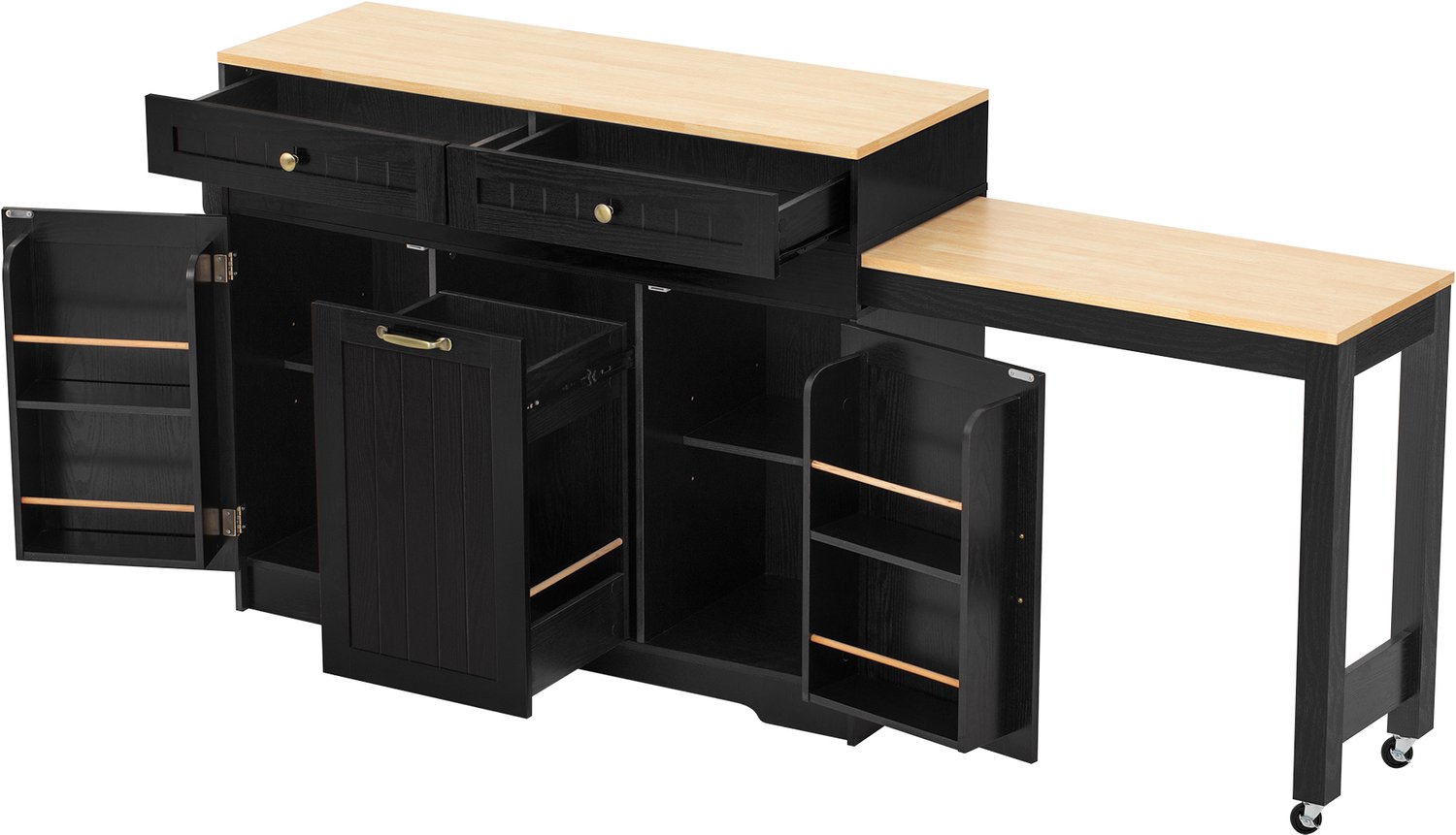 REDOM Keukeneiland 188,6 cm - Uitschuifbare tafel, 2 lades en opbergruimte - Zwart/naturel Zwart en naturel houtkleurig