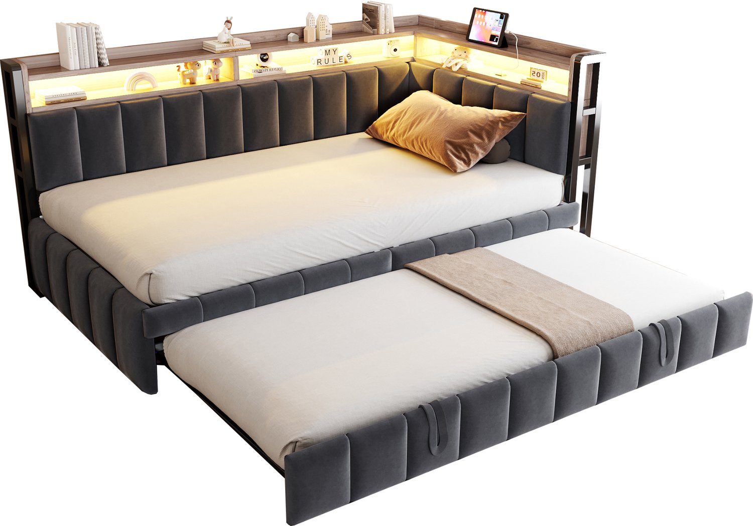 REDOM Slaapbank 90x200 cm met uitschuifbed - Opbergruimte, LED en USB - Donkergrijs