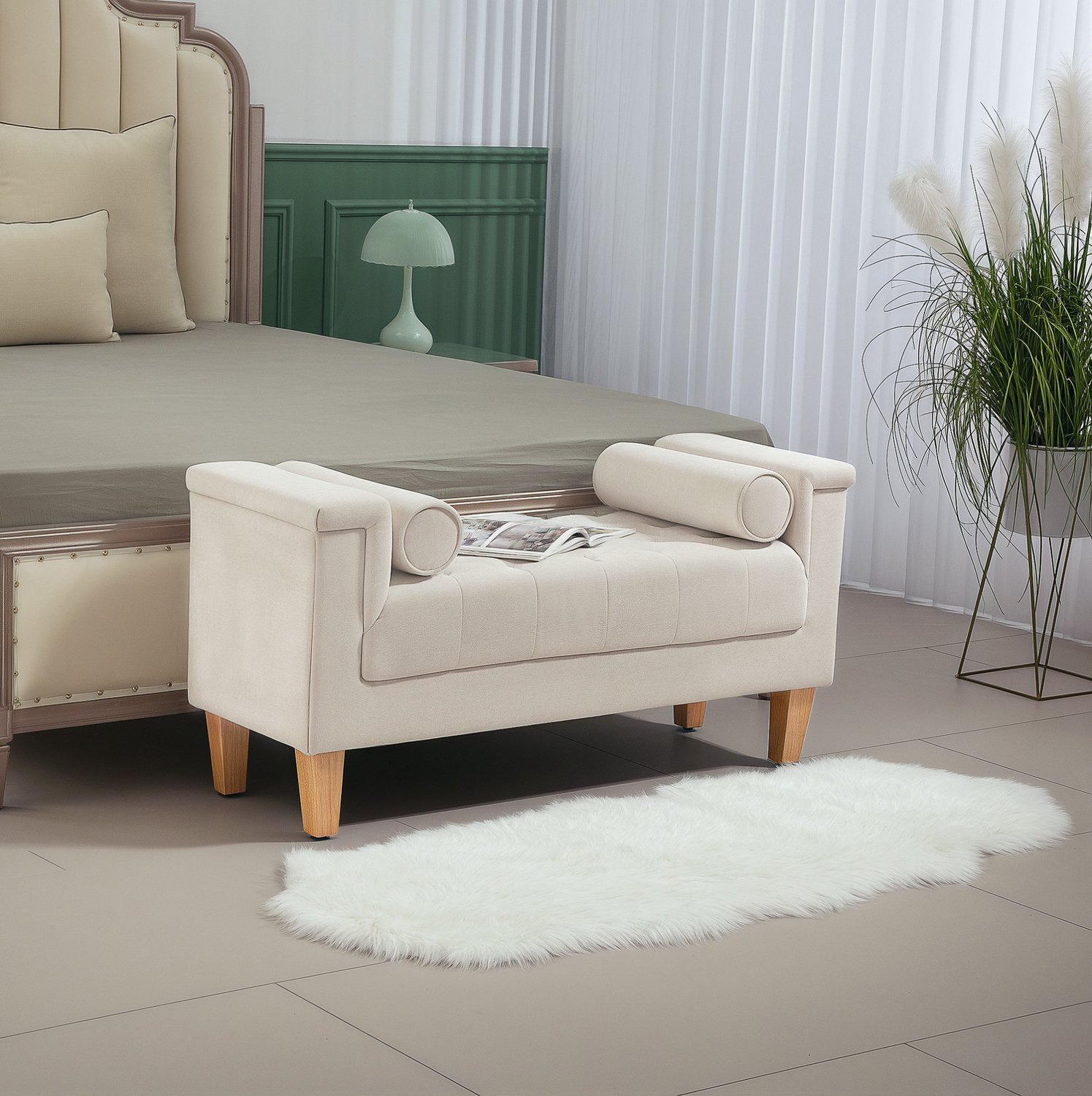 HAUSS SPOLE Bankje - Chenille Bekleding met Armleuningen en Twee Kussens - Voor Slaapkamer en Hal - Polyester en Hout - 115x44x58 cm - Beige