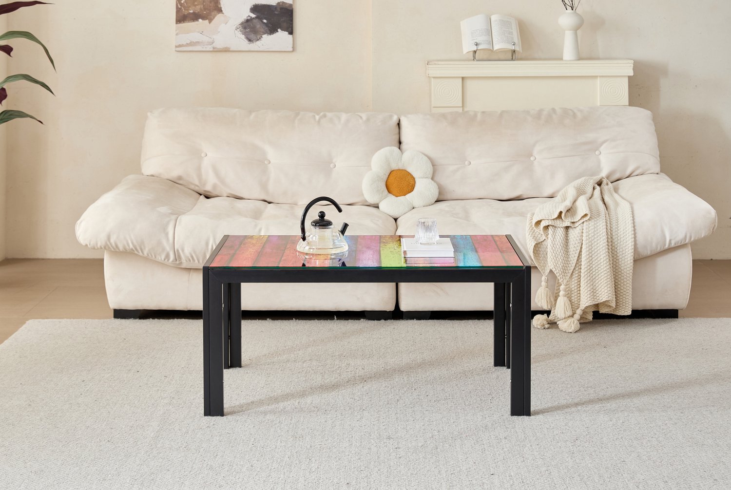 MEUNIQ salontafel 100 x 60 x 45 cm – rechthoekige glazen salontafel met tafelblad van gehard glas en zwart metalen frame voor de woonkamer Zwart, meerkleurig