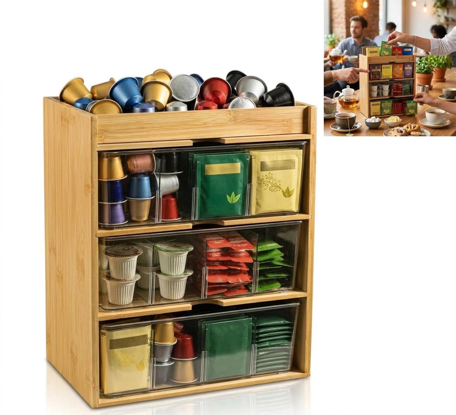 Bamboe Theedoos Organizer 3 Lagen met Transparante Laden