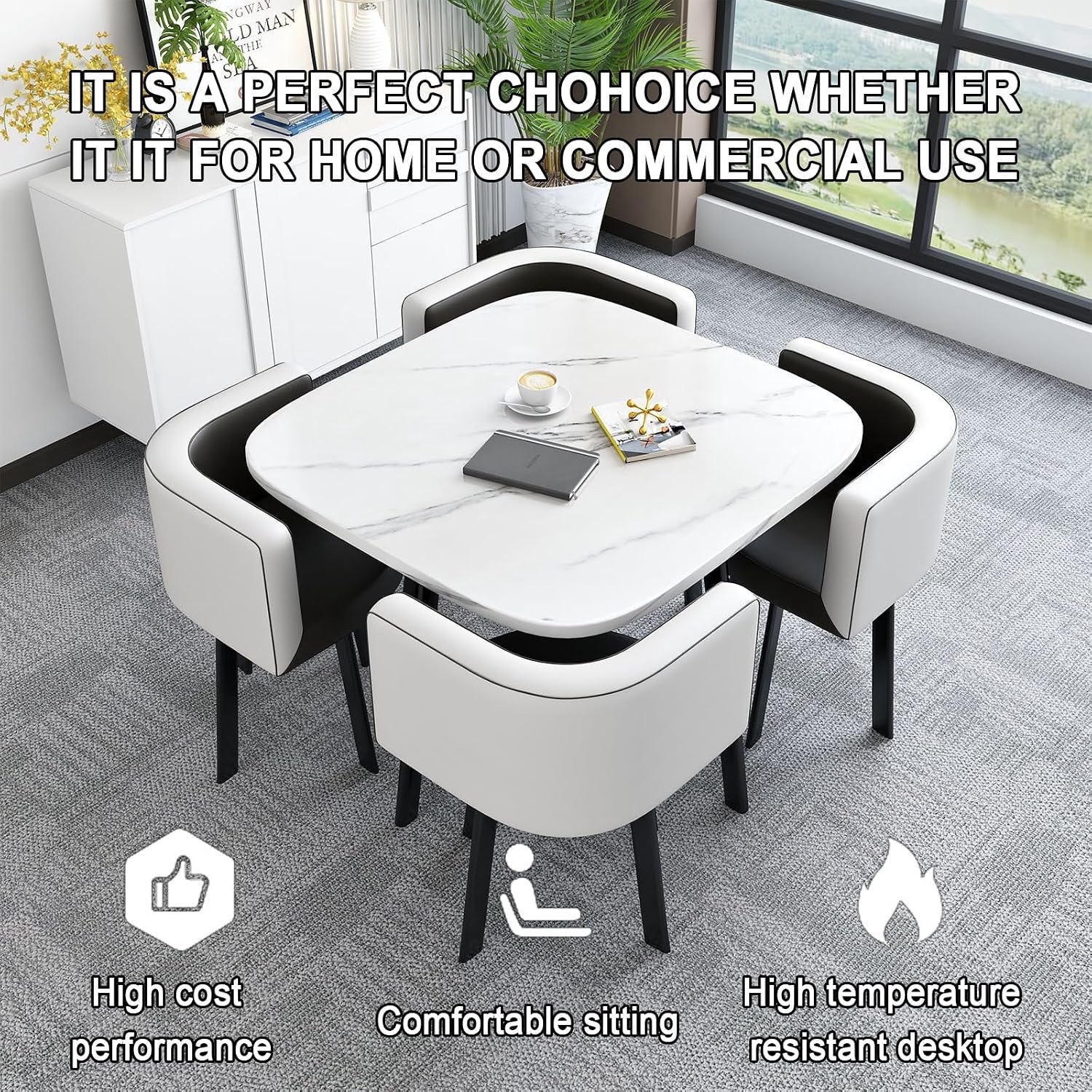 Moderne Vierkante Eettafel met 4 Stoelen 80 x 80 cm – Compacte Zwarte Eetkamerset met Metalen Frame, Houten Tafelblad, Ruimtebesparend Design en Onderhoudsvriendelijke Afwerking voor Keuken, Eetkamer en Thuiskantoor