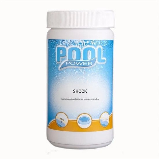 Witte pot Pool Power Shock chloorgranulaat met blauwe achtergrond en drie iconen onderaan.