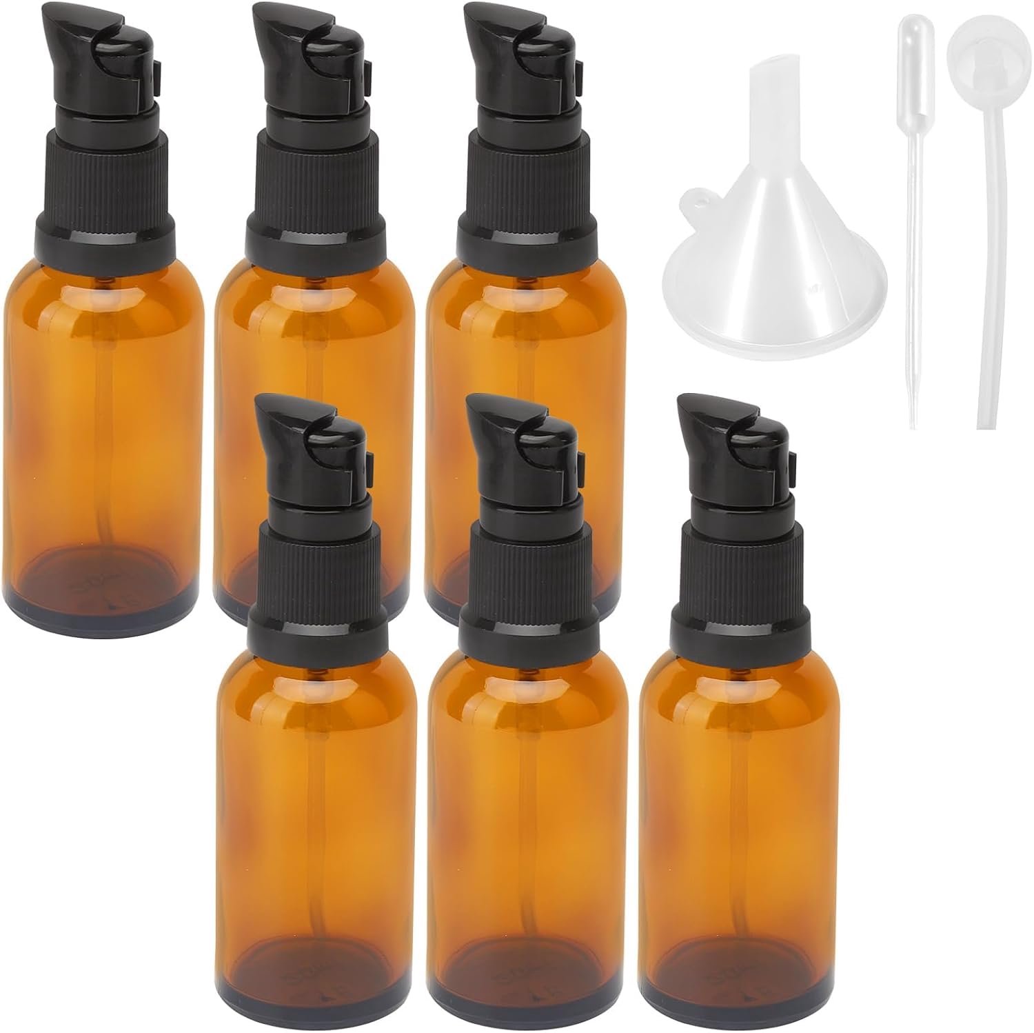 Glazen Flessen 30ml - Bruine Lotionflessen - Amberkleurige Dispenser - Set van 6 - Pomp voor Lotion/Serum - Ideaal voor Crème - Fles
